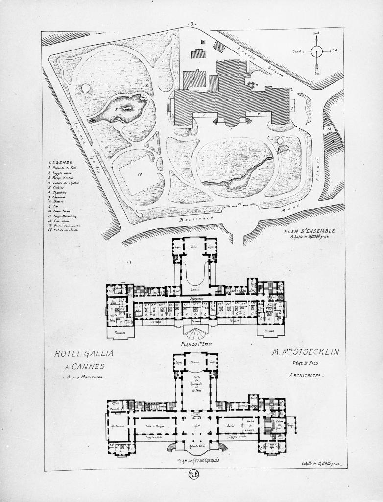 Hôtel Gallia à Cannes. Plan d'ensemble. Plan du rez-de-chaussée. Plan du 1er étage, [vers 1901].