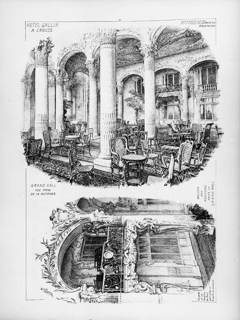 Grand hall, vue prise de la rotonde. Balcon des musiciens dans le grand hall, [vers 1901].