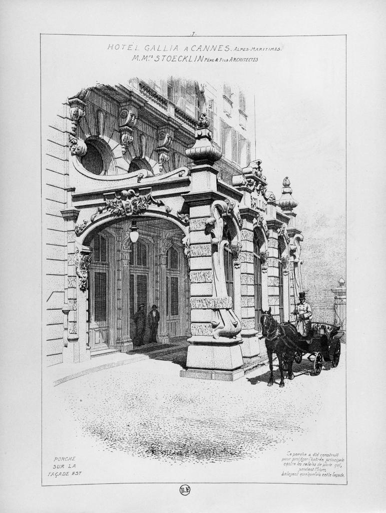 Hôtel Gallia à Cannes. Porche sur la façade Est, [vers 1901].