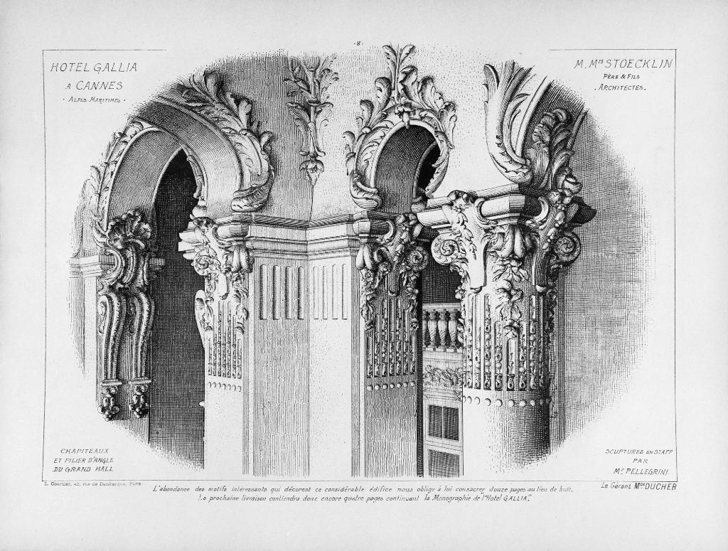 Chapiteaux et pilier d'angle du grand hall, [vers 1901].