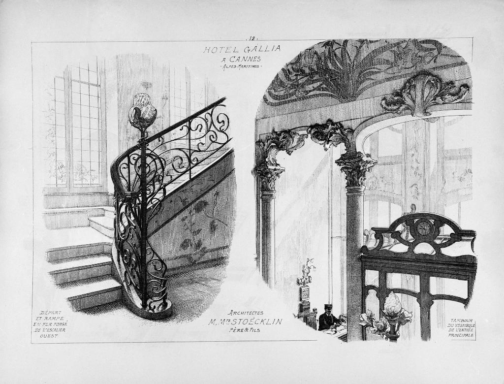 Départ et rampe en fer forgé de l'escalier ouest. Tambour du vestibule de l'entrée principale, [vers 1901].