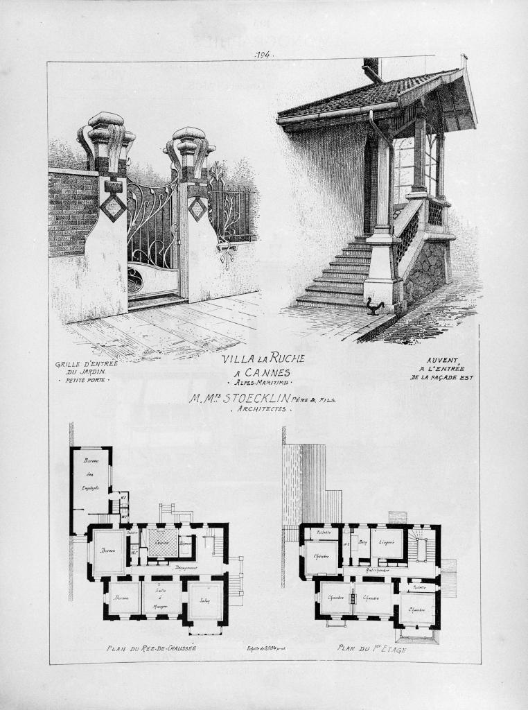 Villa La Ruche à Cannes. Alpes-Maritimes. M.Mrs. Stoecklin père et fils architectes. Grille d'entrée du jardin. auvent de la façade est. Plan du rez-de-chaussée. Plan du 1er étage. Vers 1901.