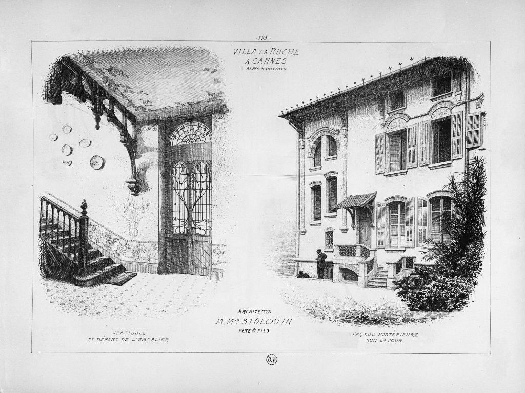 Villa La Ruche à Cannes. Alpes-Maritimes. M.Mrs. Stoecklin père et fils architectes. Vestibule et départ de l'escalier. Façade postérieure sur cour. Vers 1901.