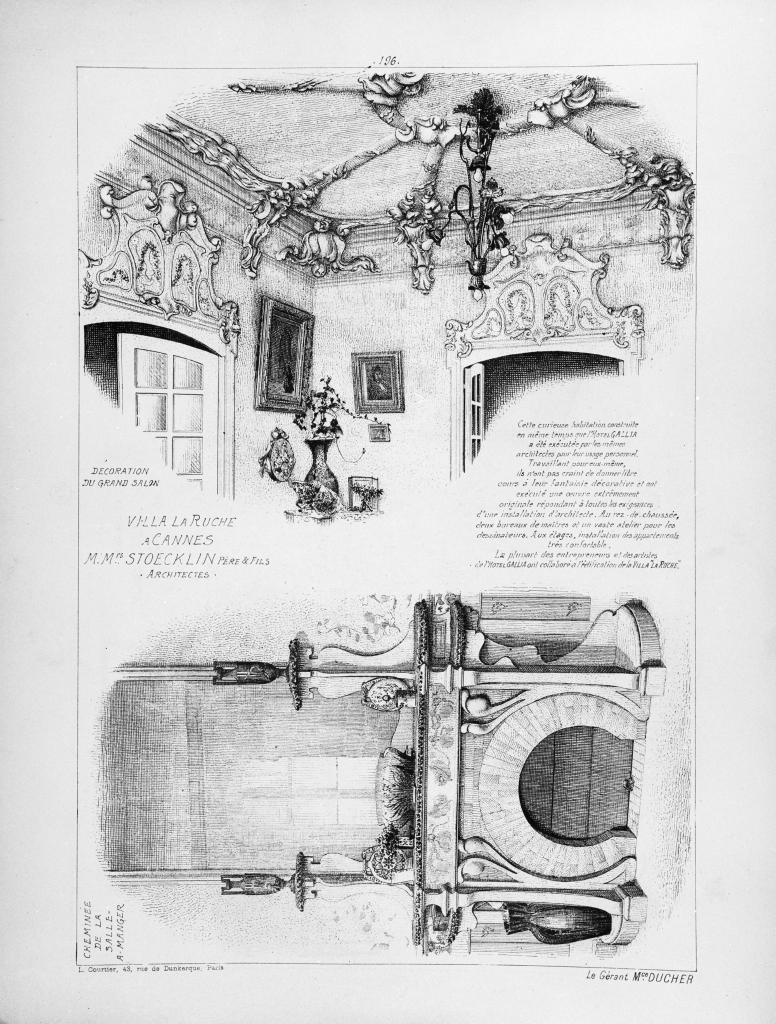 Villa La Ruche à Cannes. Alpes-Maritimes. M.Mrs. Stoecklin père et fils architectes. Décoration du grand salon. Cheminée de la salle à manger. Vers 1901..