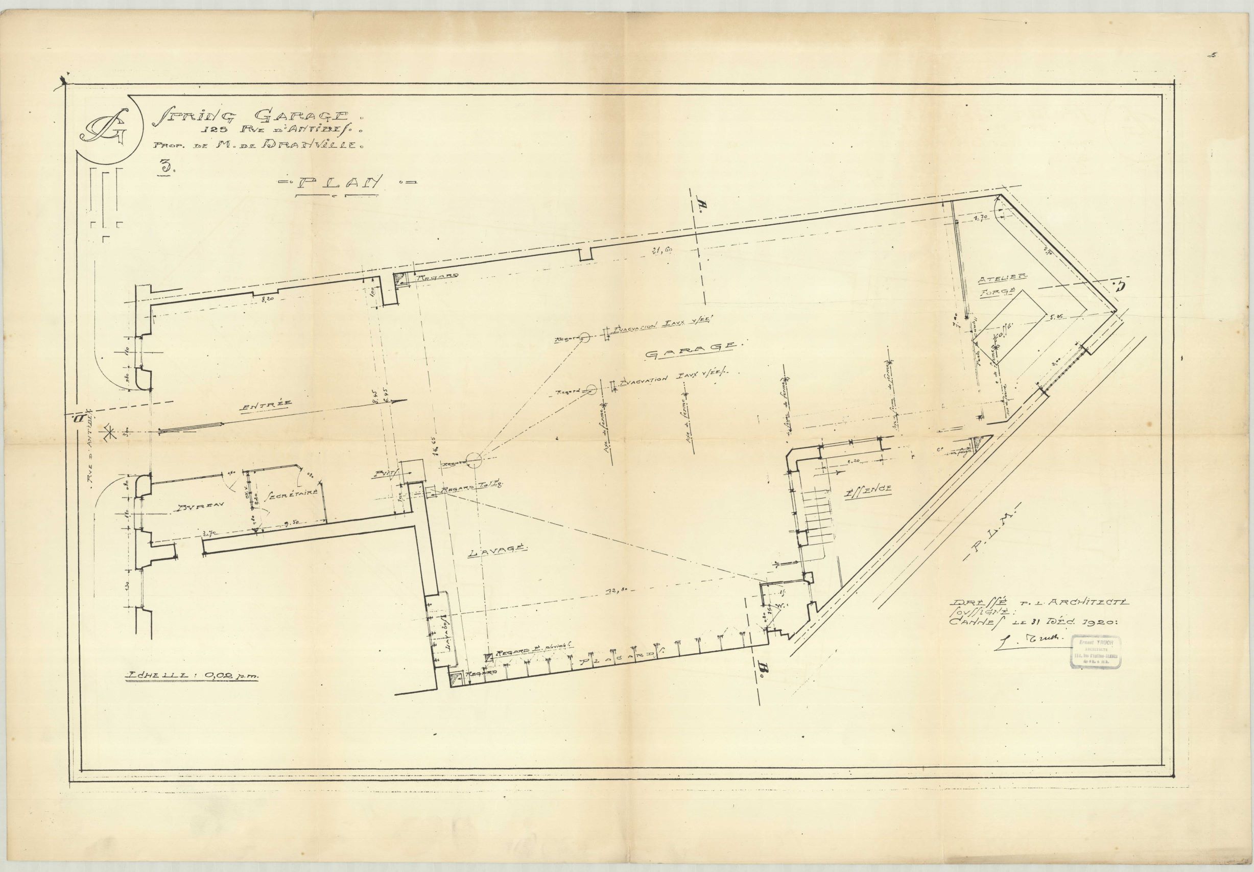 Spring Garage 125 rue d'Antibes. Prop. de M. de Dranville. Plan, 1920.