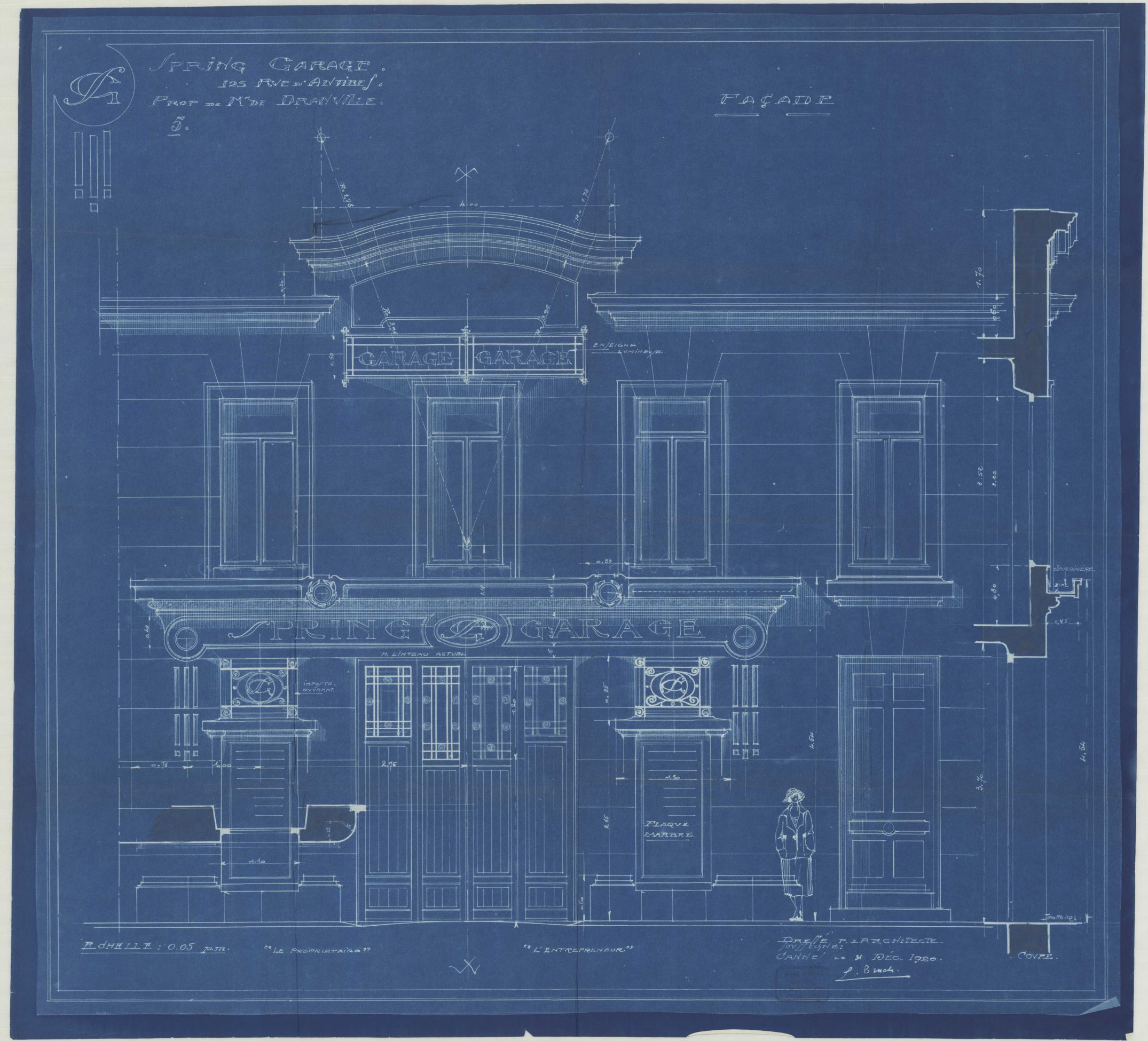 Spring Garage 125 rue d'Antibes. Prop. de M. de Dranville. Façade, 1920.