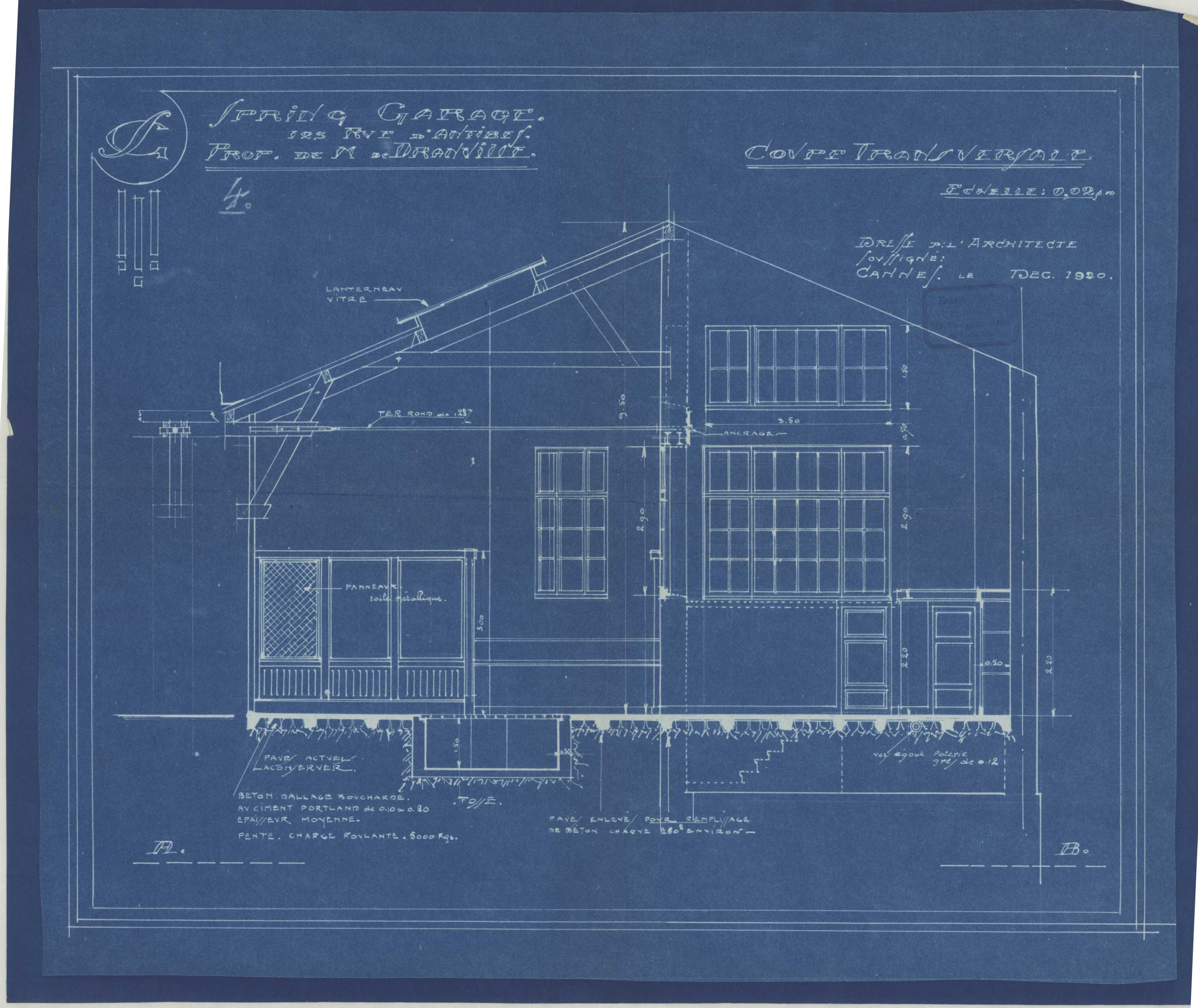 Spring Garage 125 rue d'Antibes. Prop. de M. de Dranville. Coupe transversale, 1920.