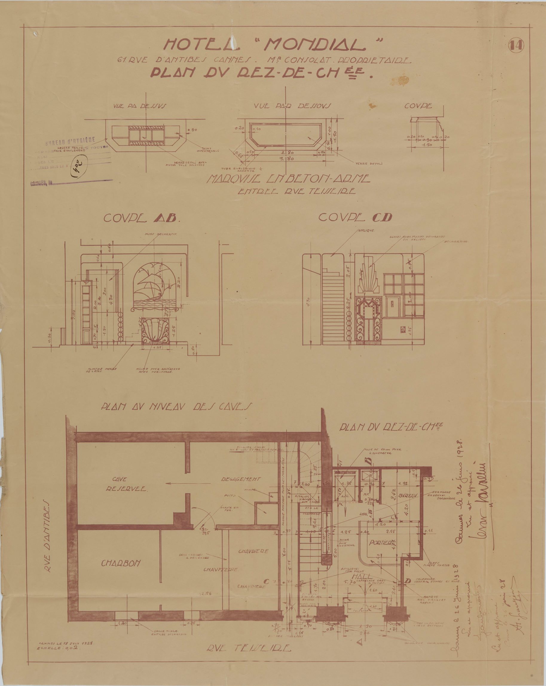 Hôtel "Mondial". 61 rue d'Antibes. Mr Consolat propriétaire. Plan du rez-de-chée. Coupe AB. Coupe CD, 18 juin 1928.