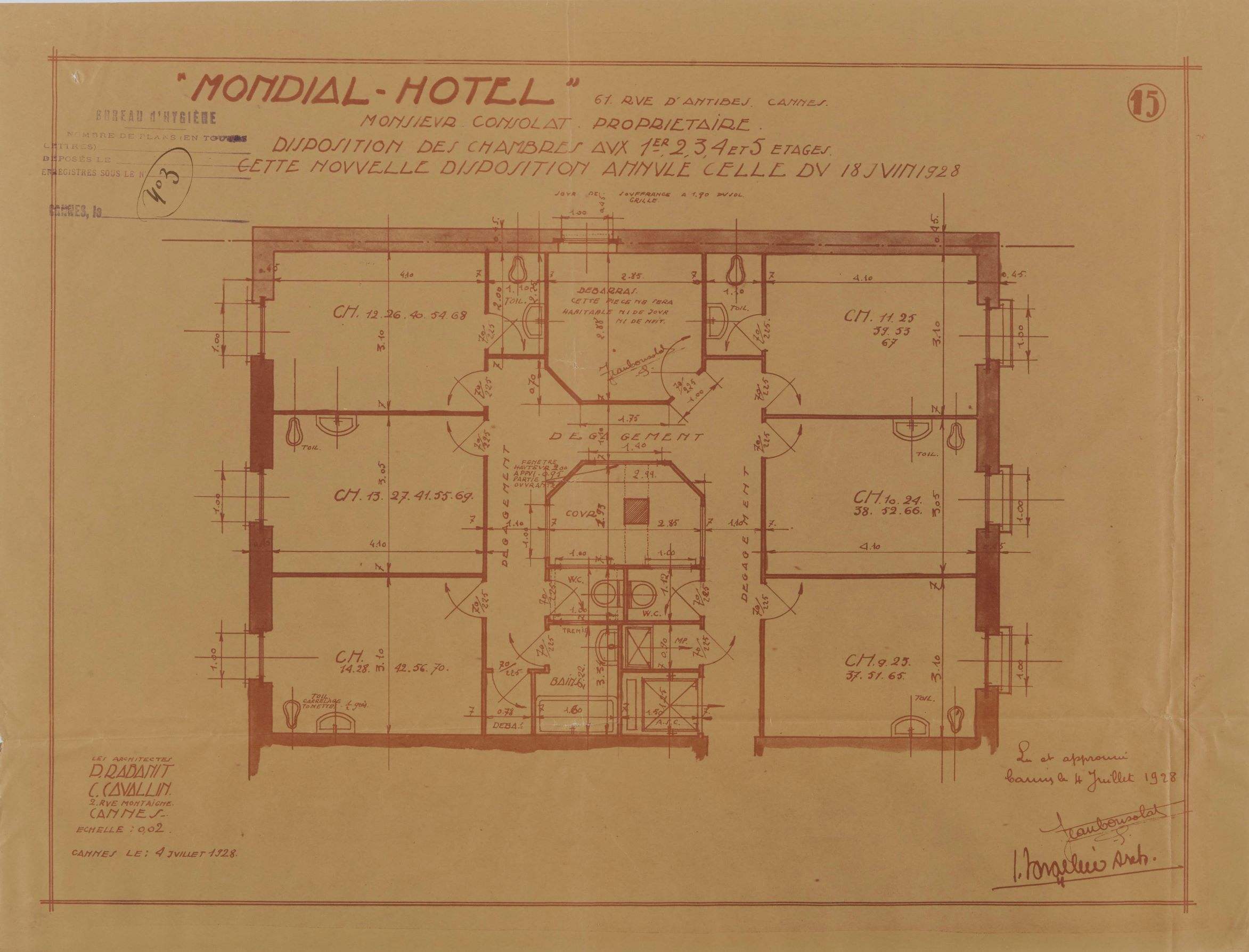 Hôtel "Mondial". 61 rue d'Antibes. Mr Consolat propriétaire. Disposition des chambres aux 1er, 2, 3, 4 et 5 étages. Cette nouvelle disposition annule celle du 18 juin 1928, 4 juillet 1928.