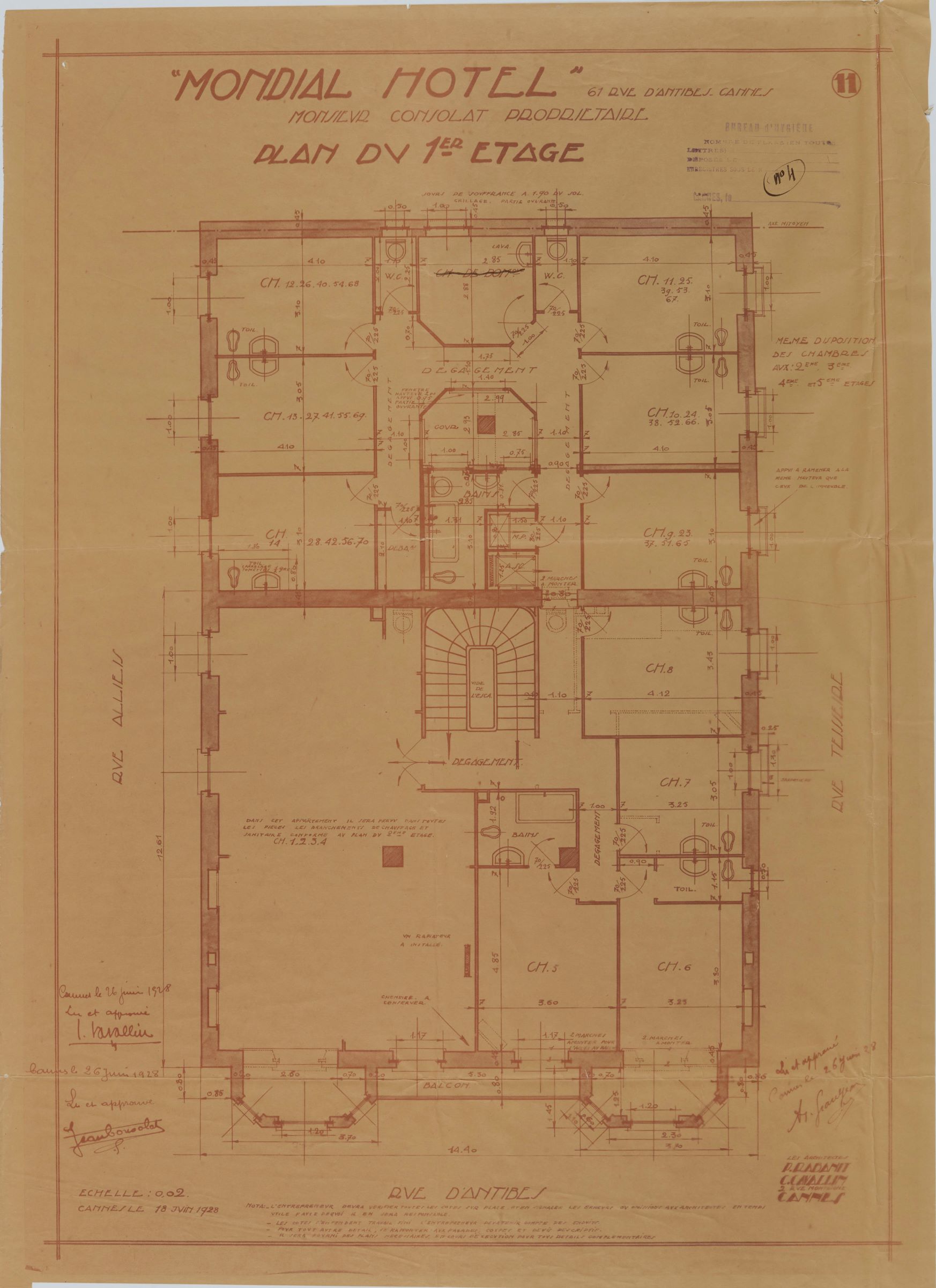 Hôtel "Mondial". 61 rue d'Antibes. Mr Consolat propriétaire. Plan du 1er étage, 18 juin 1928.