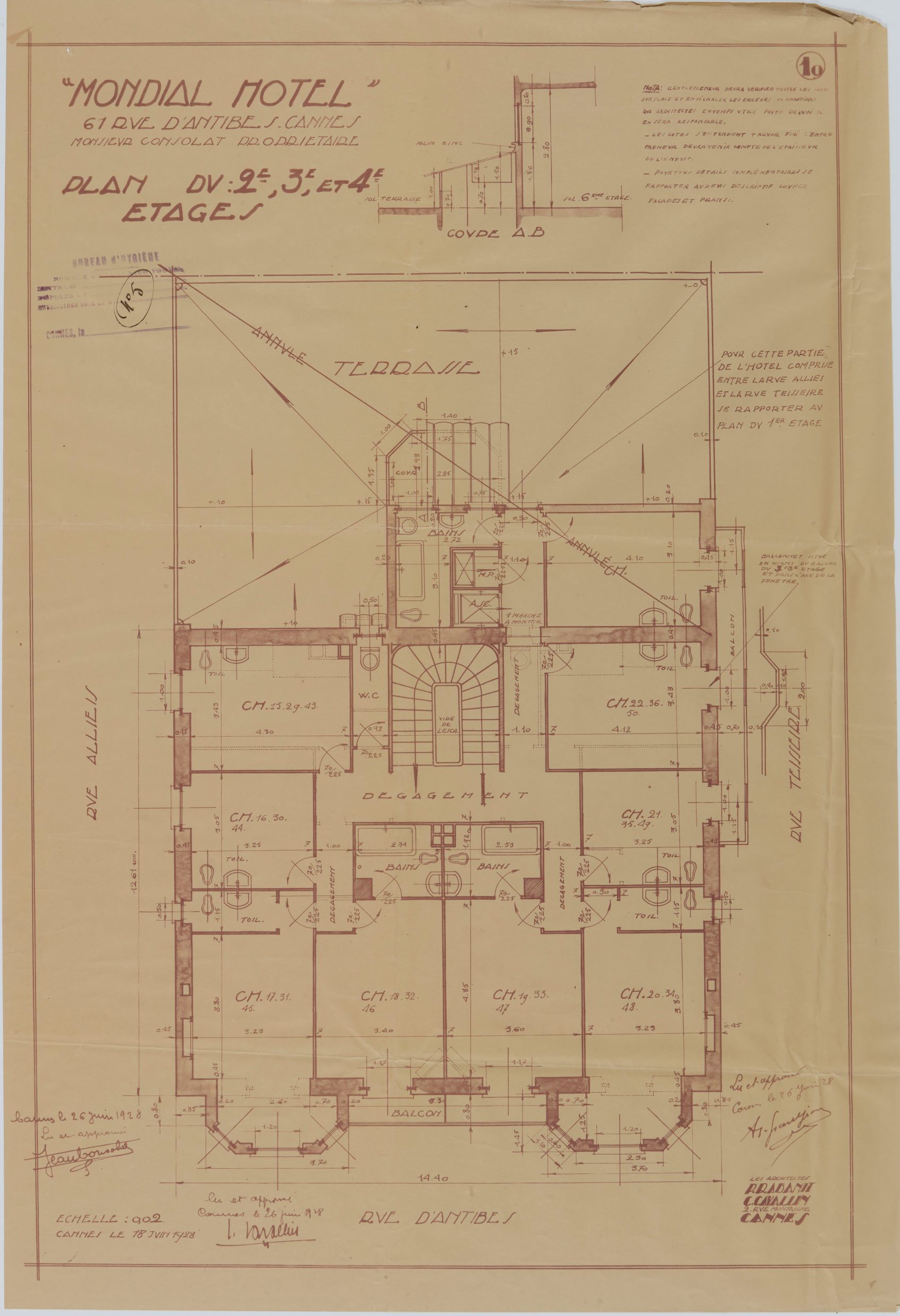 Hôtel "Mondial". 61 rue d'Antibes. Mr Consolat propriétaire. Plan du 2e, 3e et 4e étages, 18 juin 1928.