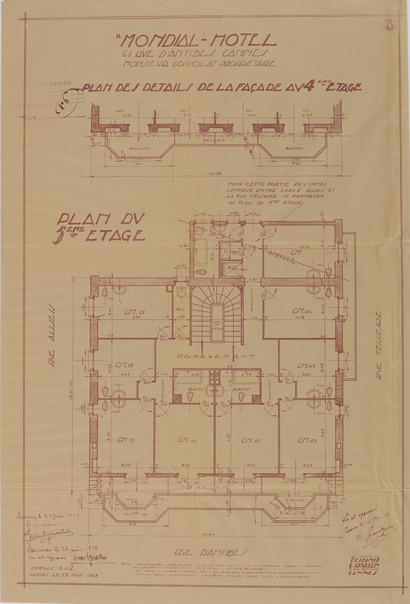 Hôtel "Mondial". 61 rue d'Antibes. Mr Consolat propriétaire. Plan des détails de la façade au 4e étage. Plan du 5e étage, 18 juin 1928.