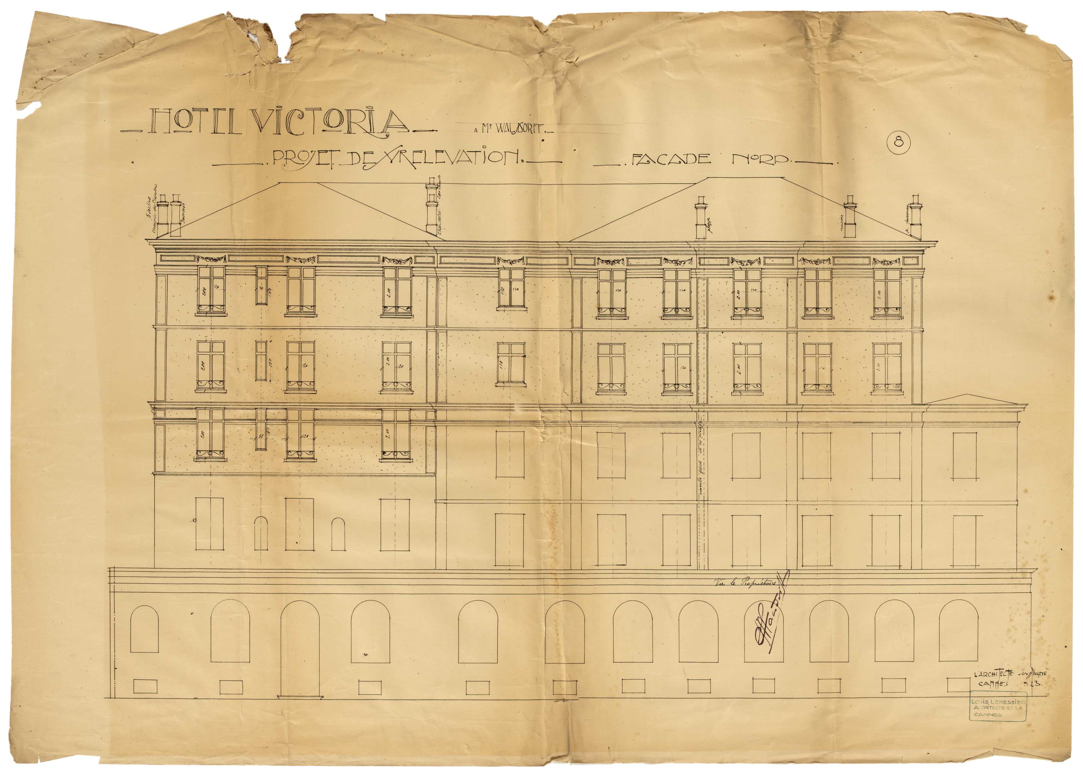 Hôtel Victoria à Mr Waldorff. Projet de surélévation. Façade nord, mars 1923.
