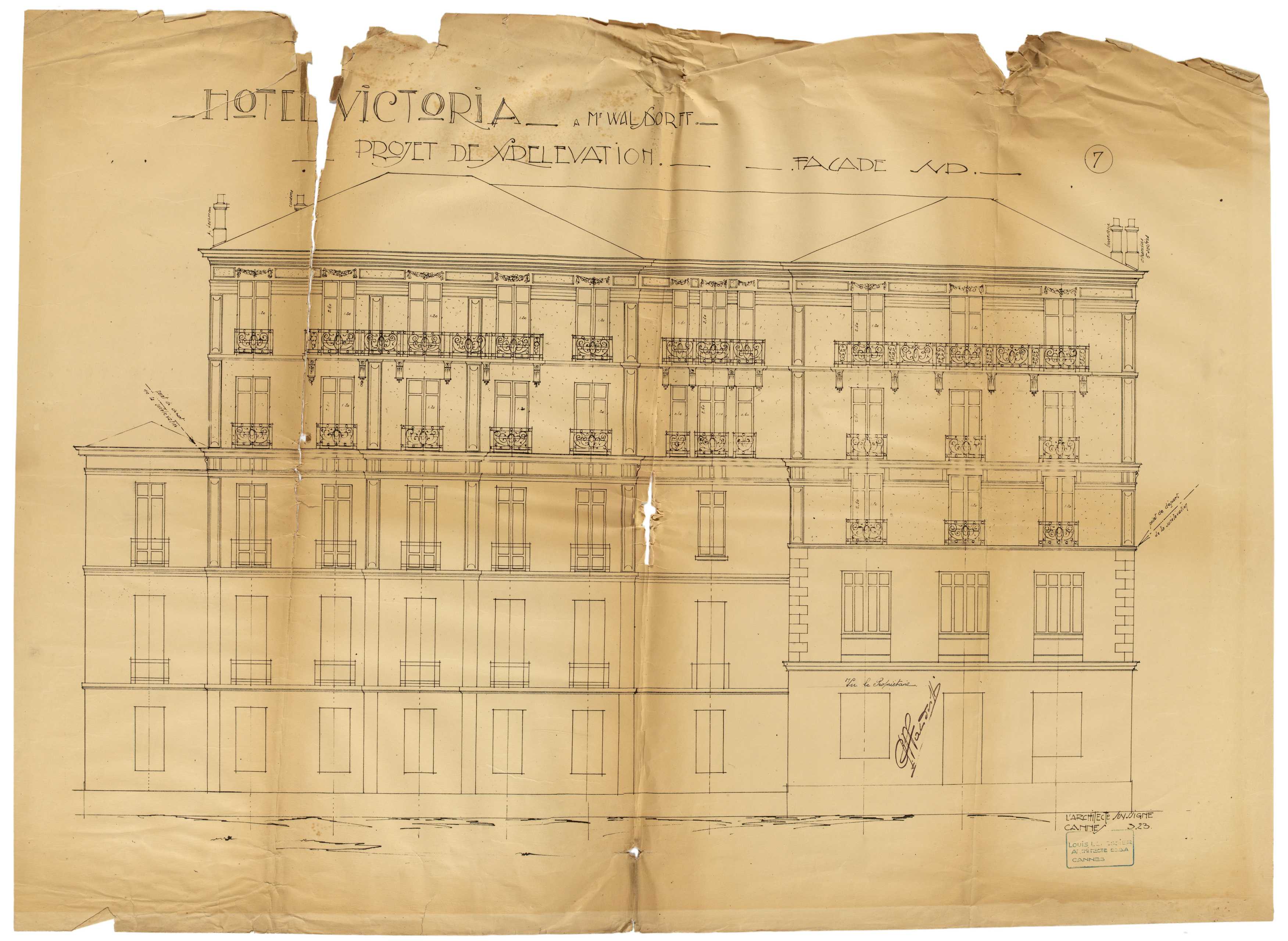 Hôtel Victoria à Mr Waldorff. Projet de surélévation. Façade sud, mars 1923.