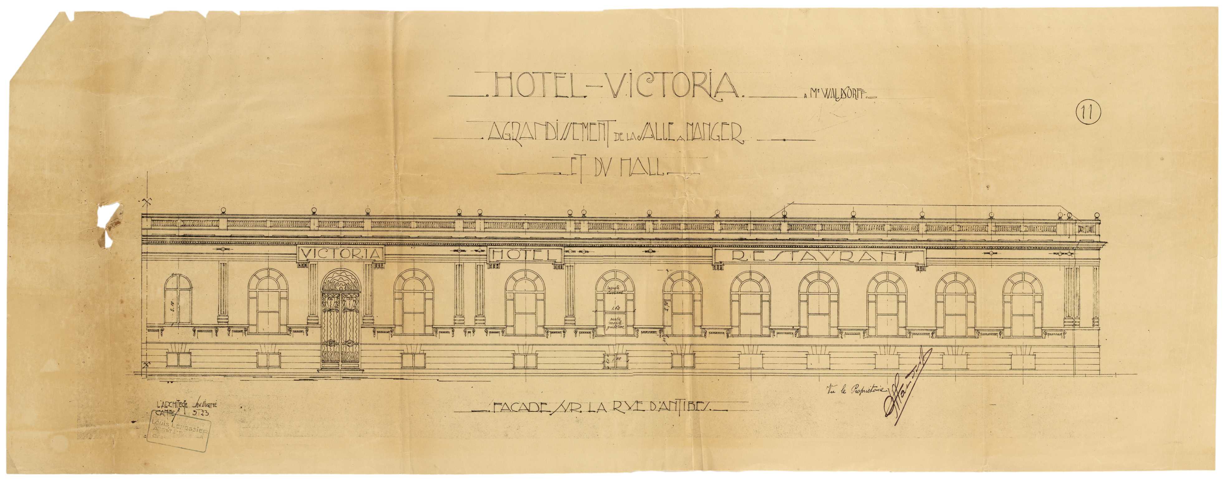 Hôtel Victoria à Mr Waldorff. Agrandissement de la salle à manger et du hall. Façade sur la rue d'Antibes, mars 1923.