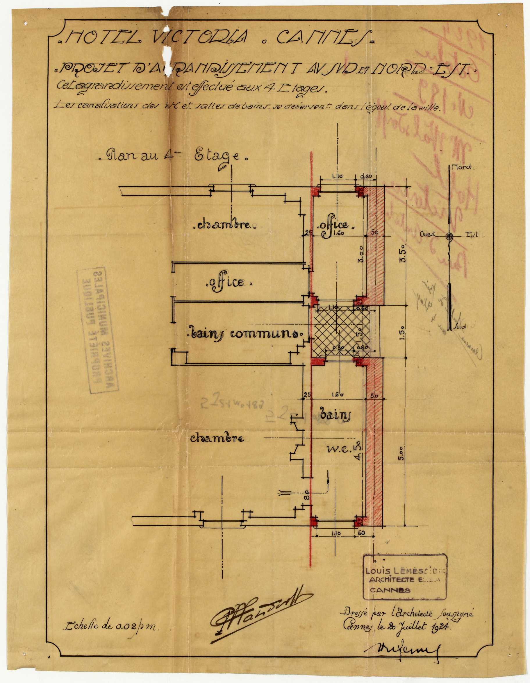 Hôtel Victoria. Cannes. Projet d'agrandissement au sud et nord-est. Plan au 4e étage, 20 juillet 1924.