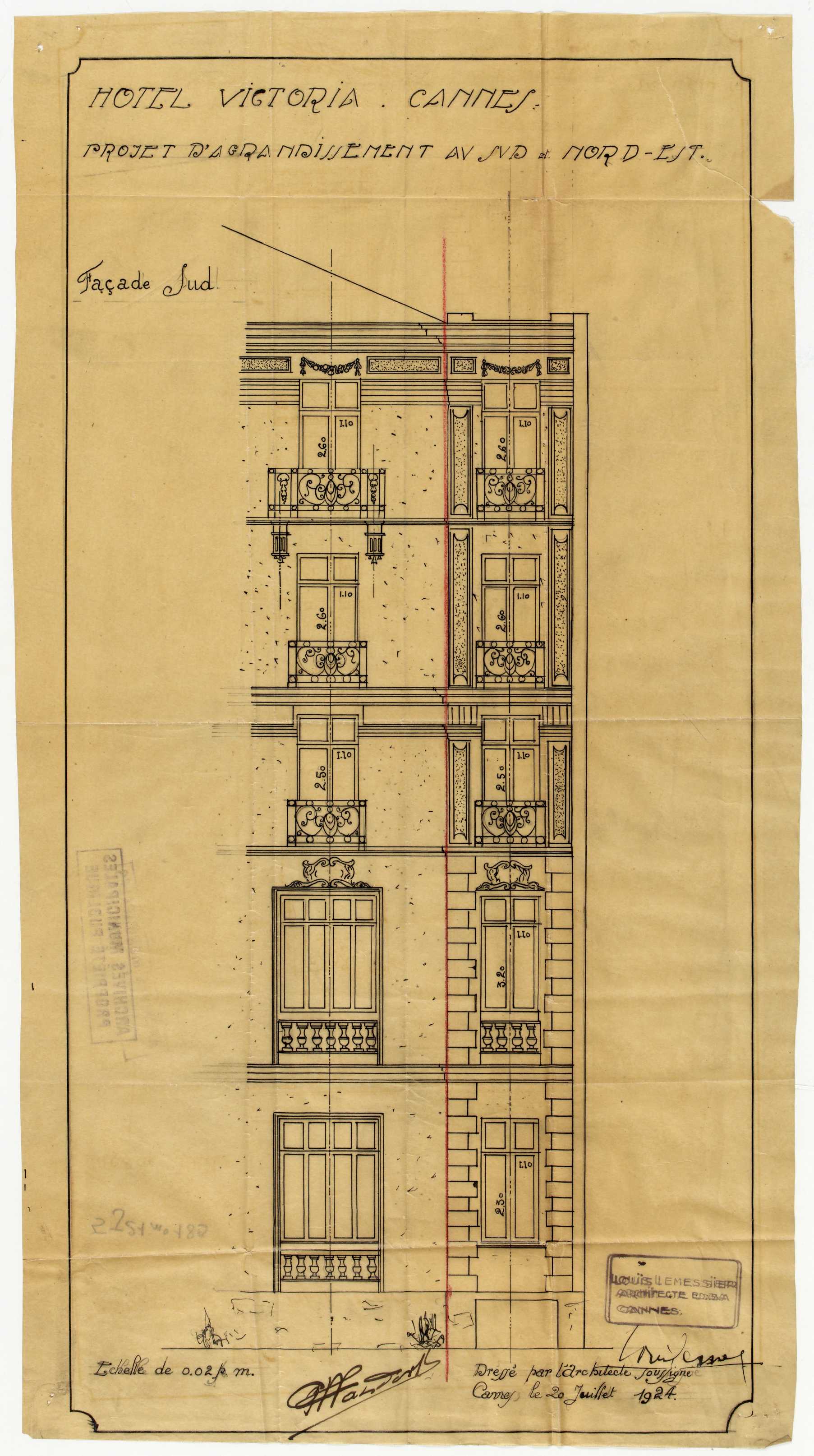 Hôtel Victoria. Cannes. Projet d'agrandissement au sud et nord-est. Façade sud, 20 juillet 1924.