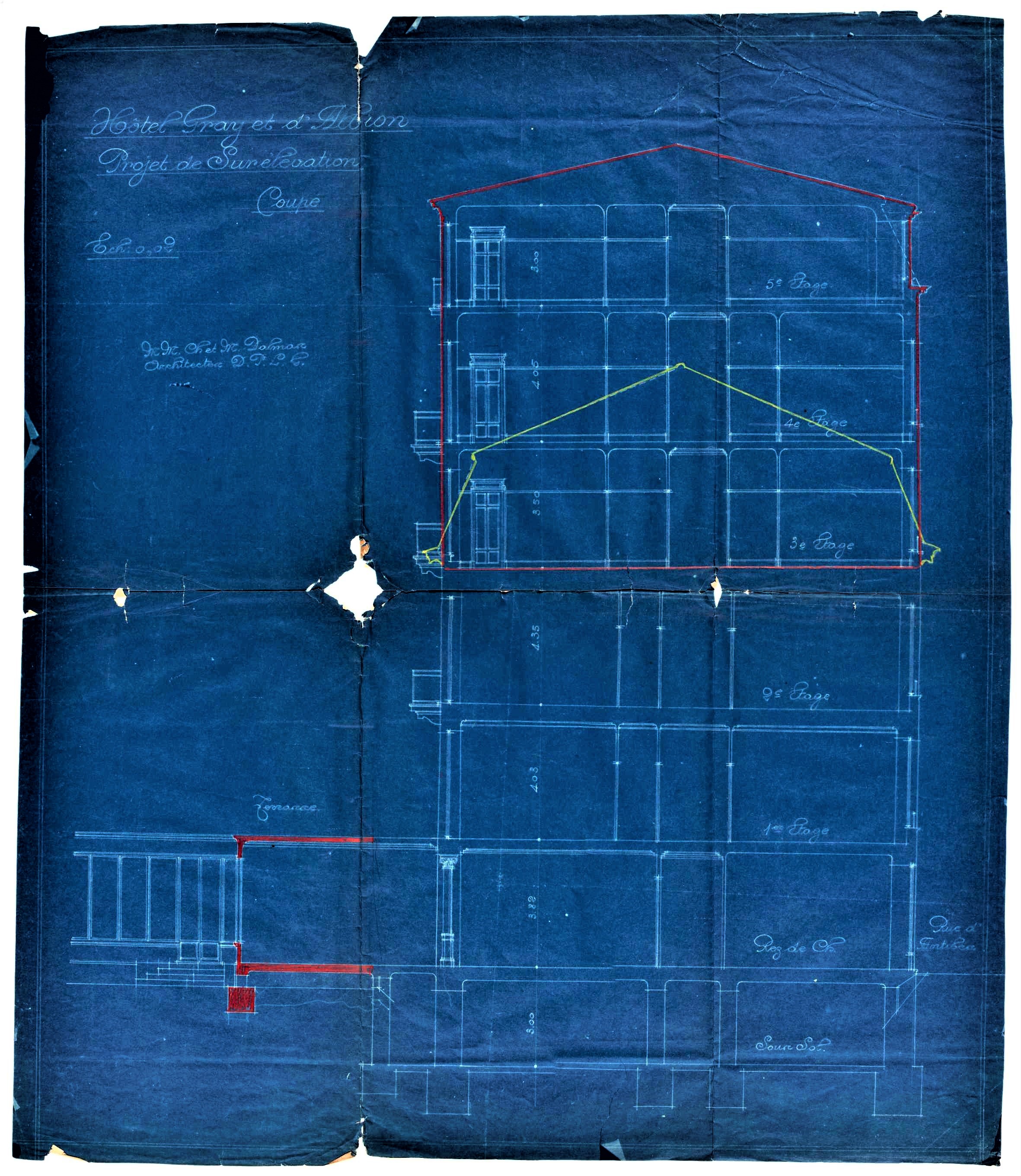 Hôtel Gray et d'Albion à Cannes. Projet de surélévation. Coupe, [1923].