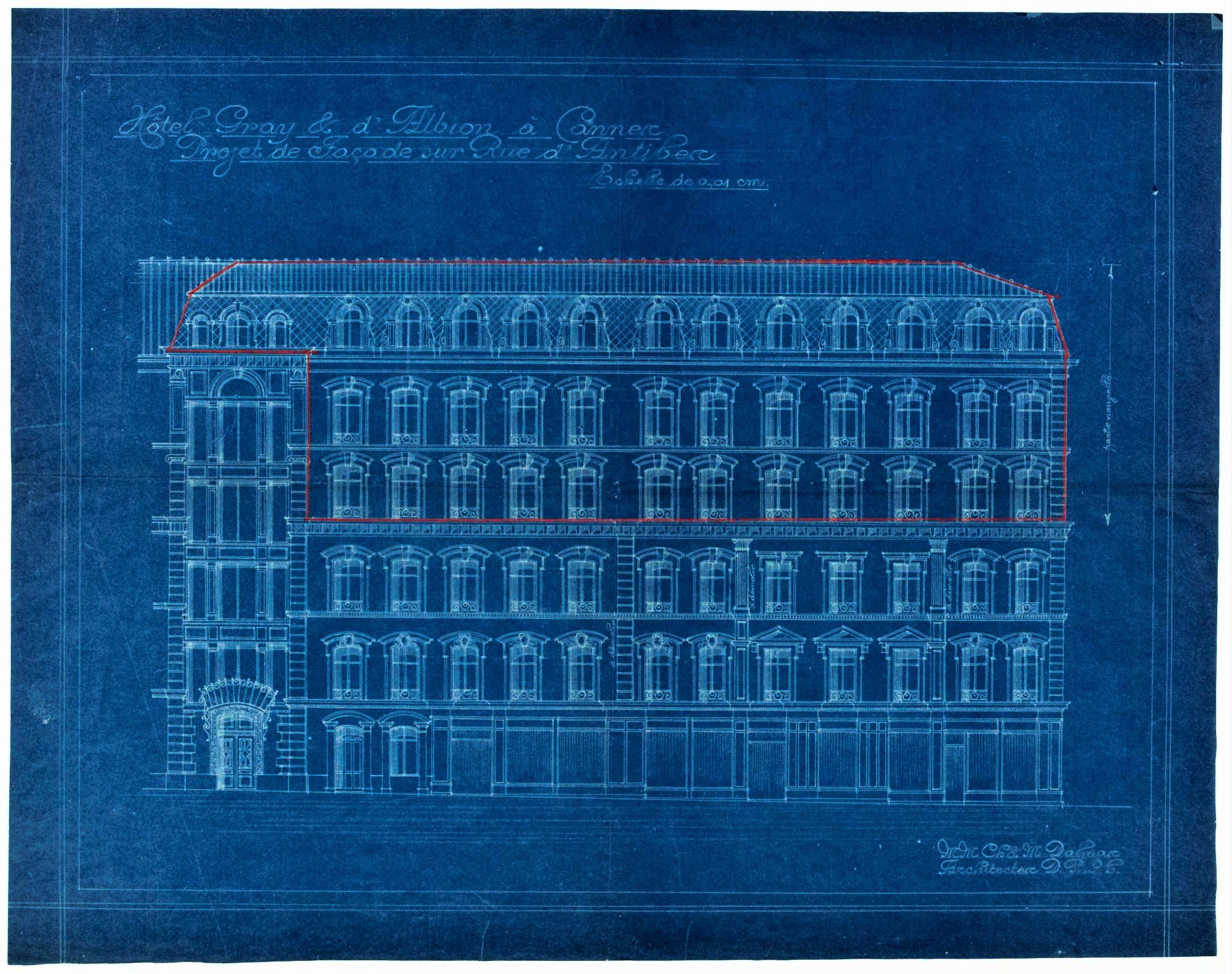 Hôtel Gray et d'Albion à Cannes. Projet de façade sur rue d'Antibes, [1923].