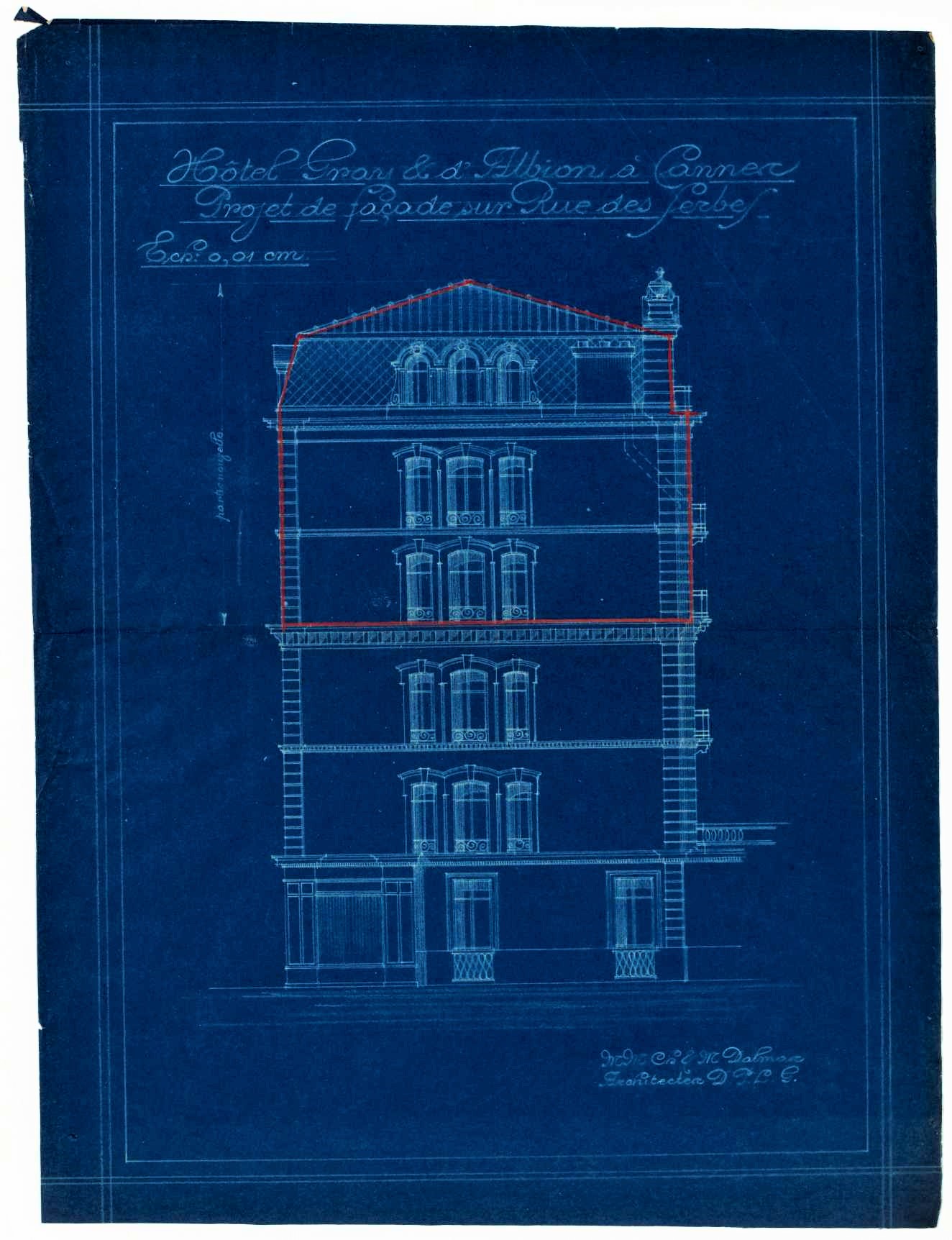 Hôtel Gray et d'Albion à Cannes. Projet de façade sur rue des Serbes, [1923].