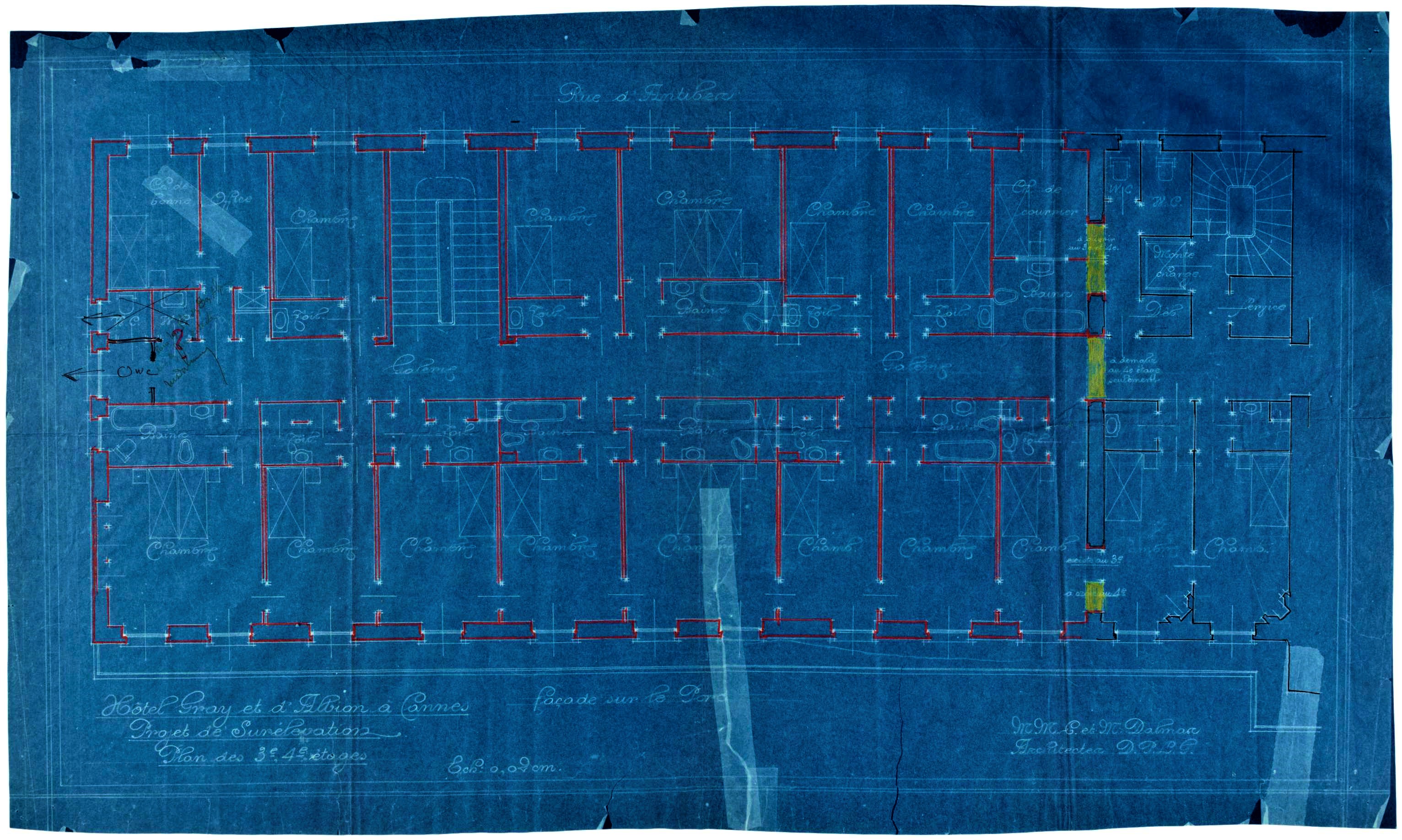 Hôtel Gray et d'Albion à Cannes. Projet de surélévation. Plan des 3e et 4e étages, [1923].