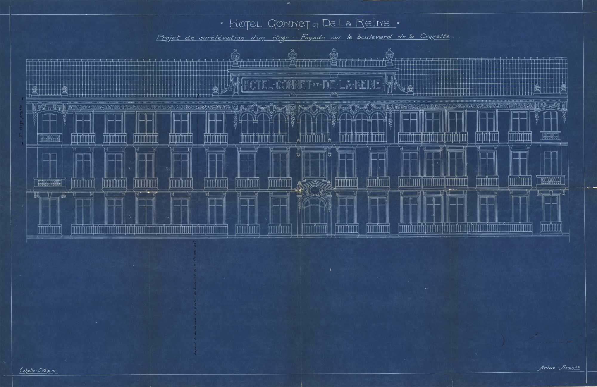 Hôtel Gonnet et de la Reine. Projet de surélévation d'un étage. Façade sur le boulevard de la Croisette, [1925].