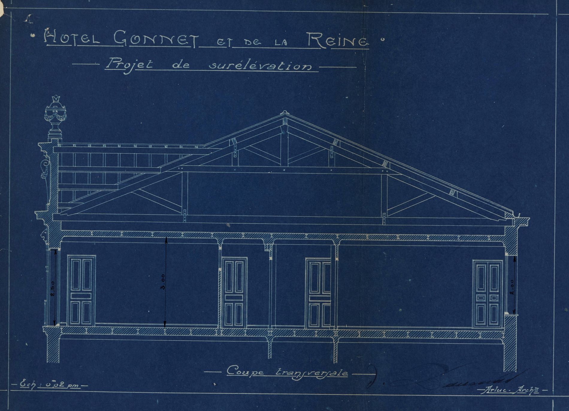 Hôtel Gonnet et de la Reine. Projet de surélévation. Coupe transversale, [1925].