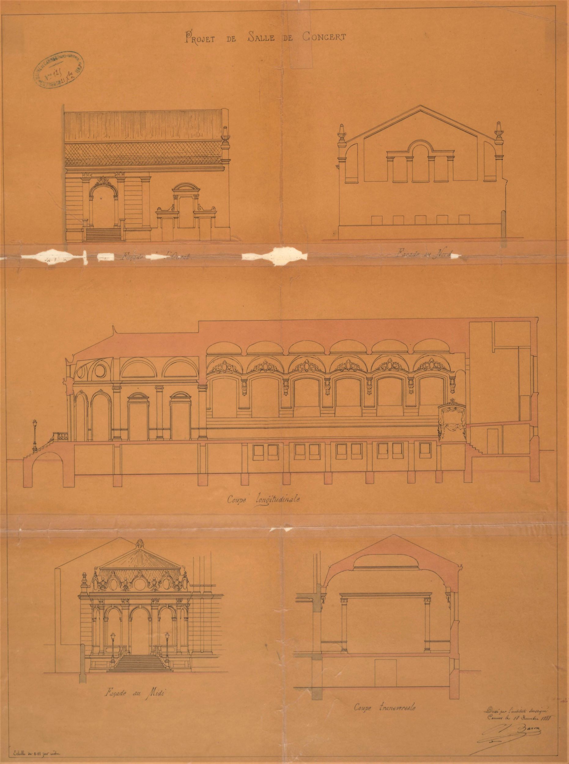 Projet de salle de concert [au Grand Hôtel à Cannes]. Façade à l'ouest. Façade au nord. Coupe longitudinale. Façade au midi. Coupe transversale, 1888.