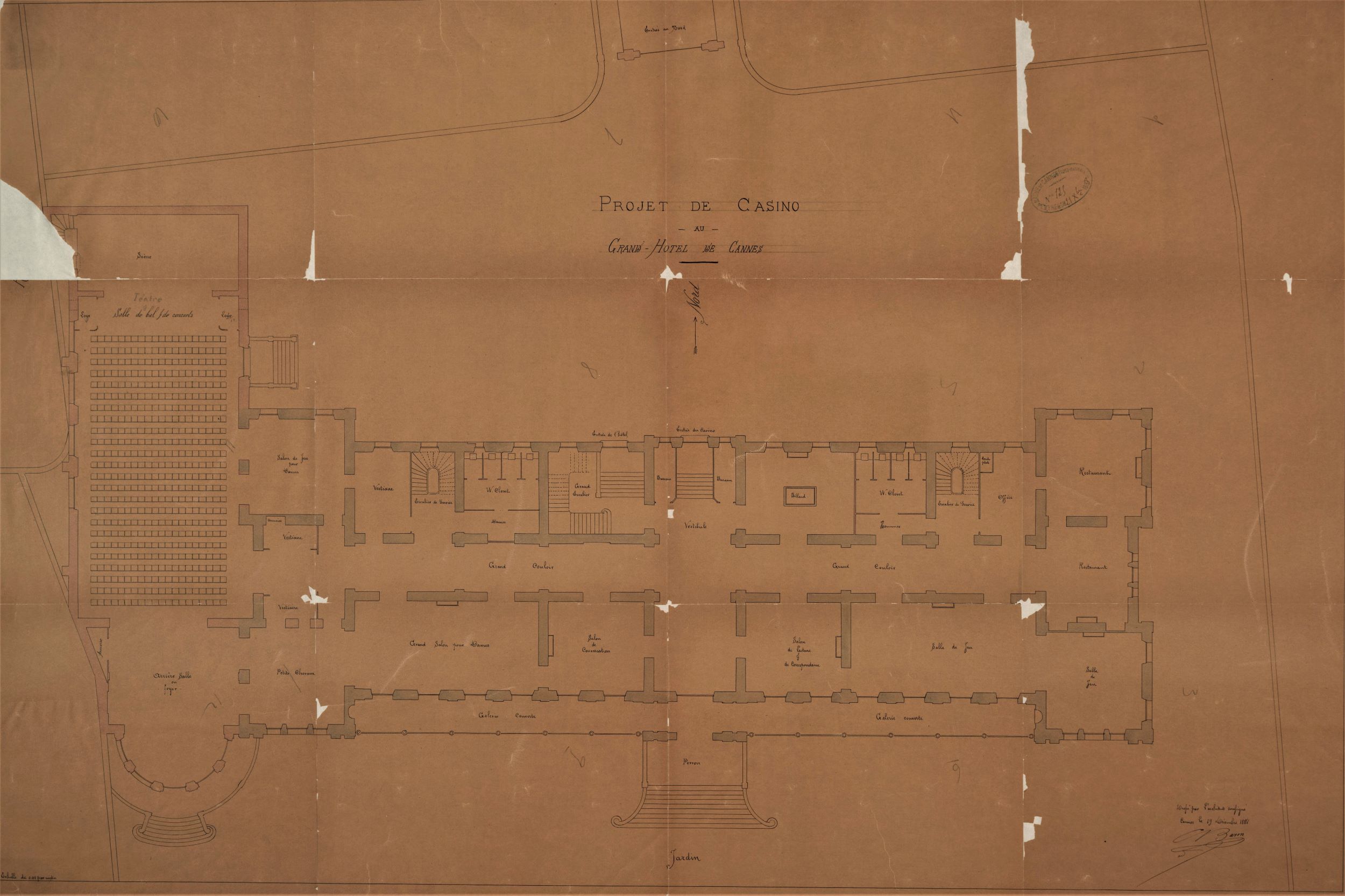 Projet de casino au Grand Hôtel de Cannes. [Plan du rez-de-chaussée.], 1888.