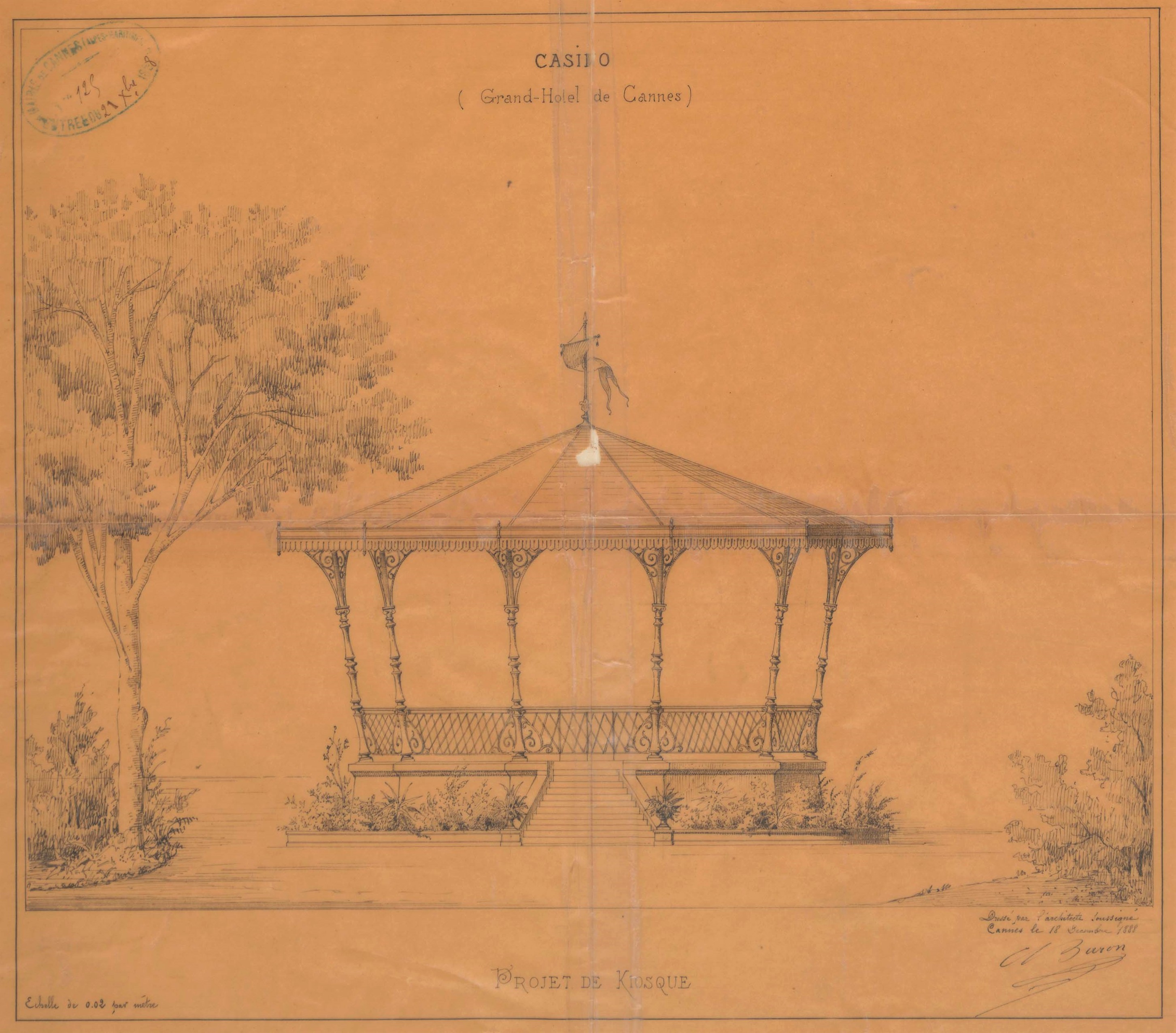 Casino (Grand Hôtel de Cannes). Projet de kiosque, 1888.