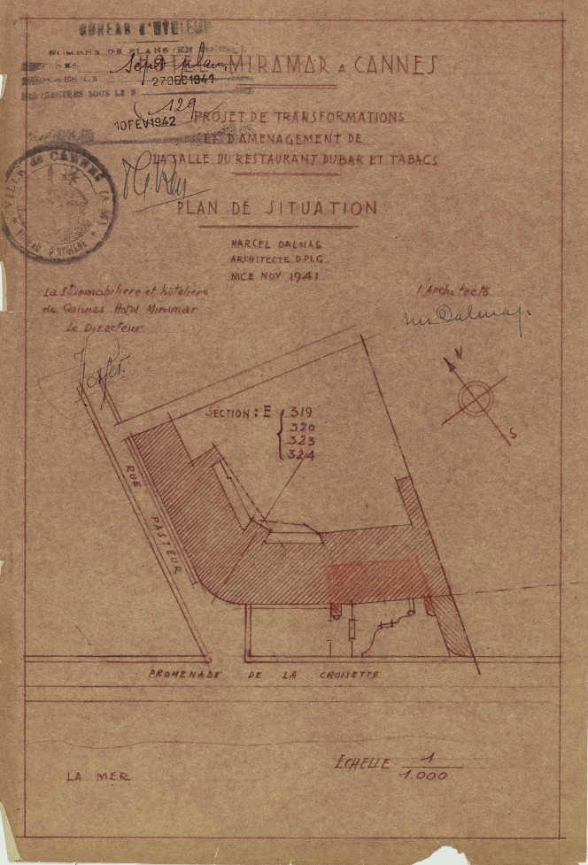 Hôtel Miramar à Cannes. Projet de transformations et d'aménagement de la salle du restaurant du bar et tabacs. Plan de situation, 1941.