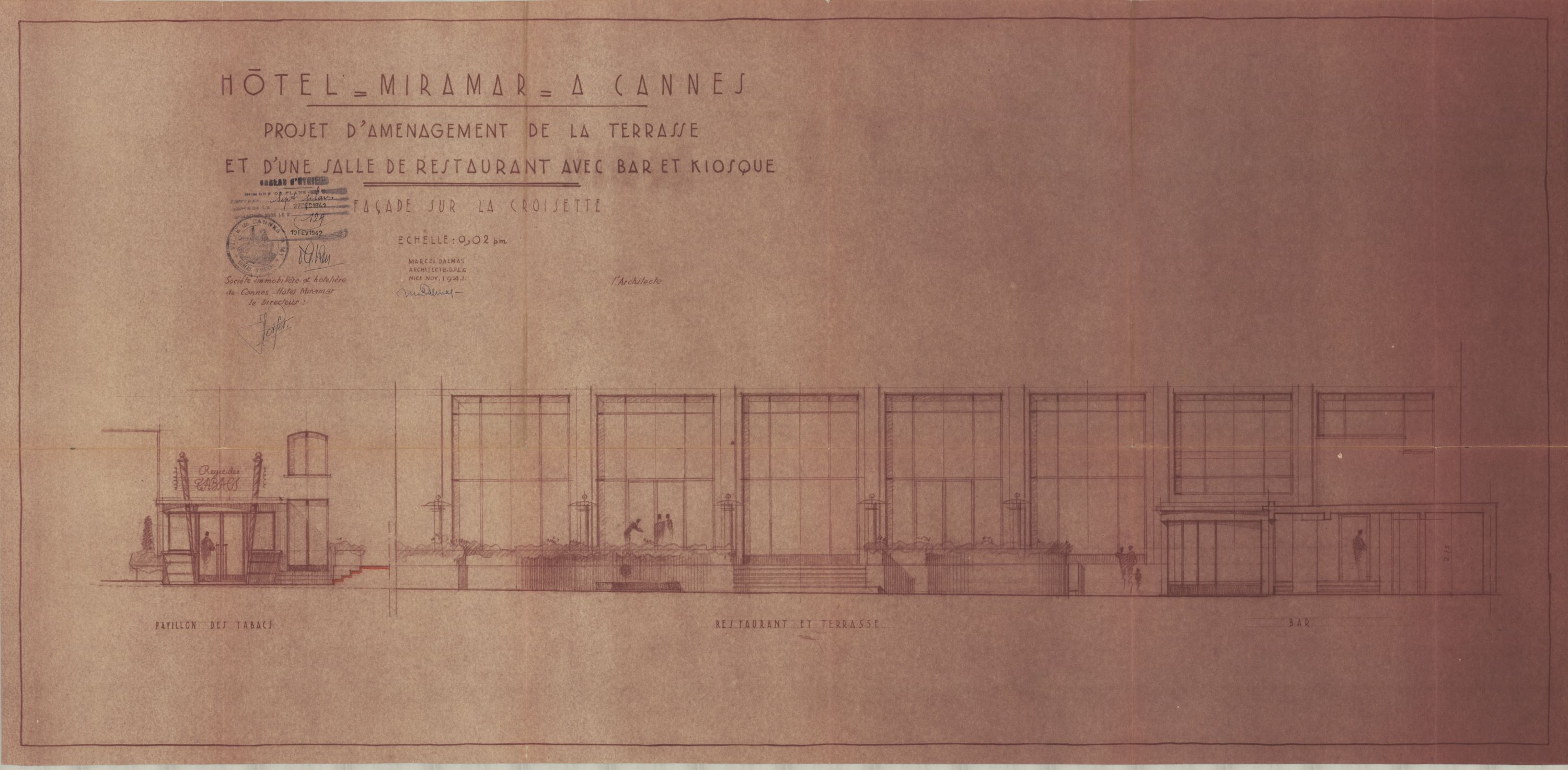 Hôtel Miramar à Cannes. Projet d'aménagement de la terrasse et d'une salle de restaurant avec bar et kiosque. Façade sur la Croisette, 1941.