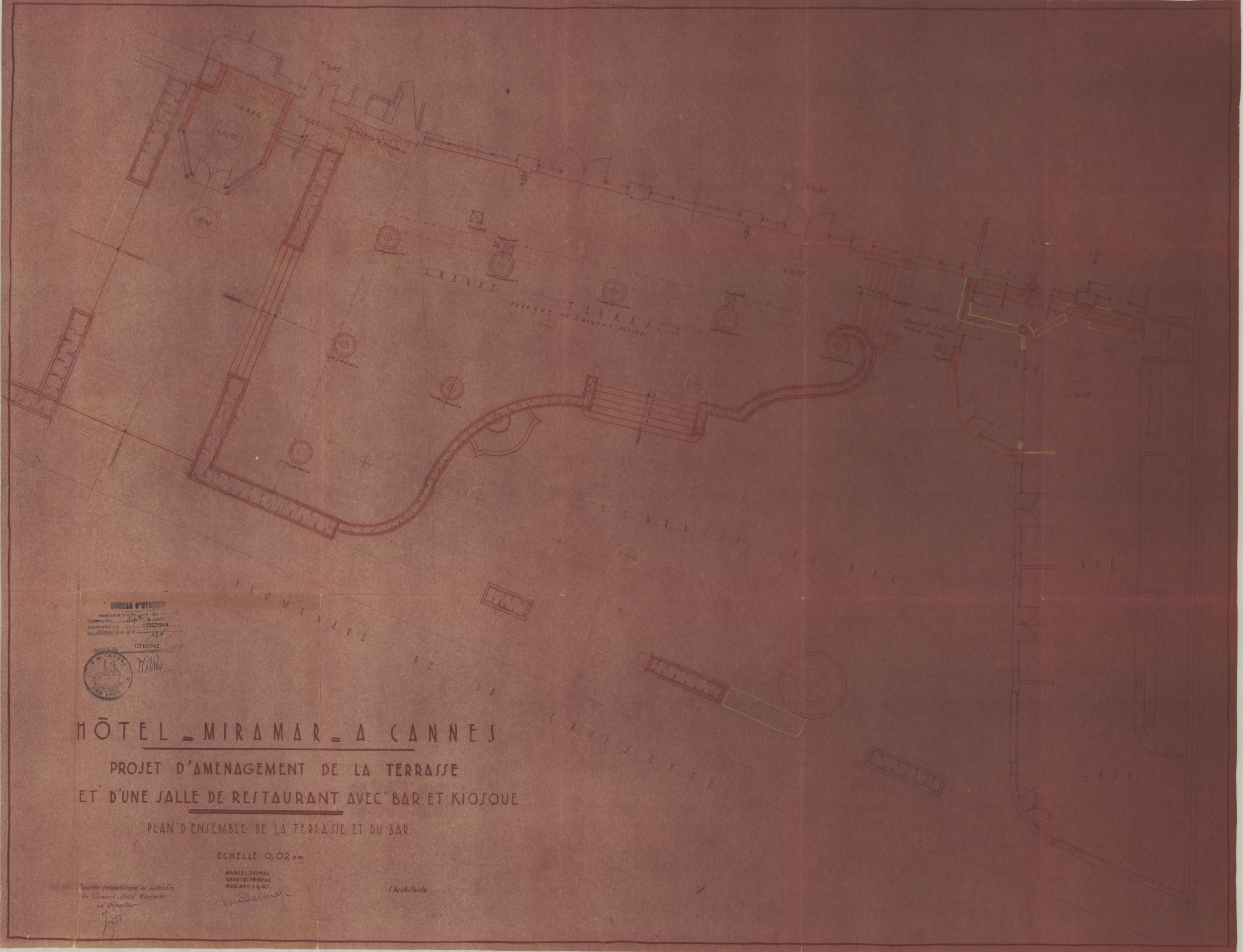 Hôtel Miramar à Cannes. Projet d'aménagement de la terrasse et d'une salle de restaurant avec bar et kiosque. Plan d'ensemble de la terrasse et du bar, 1941.