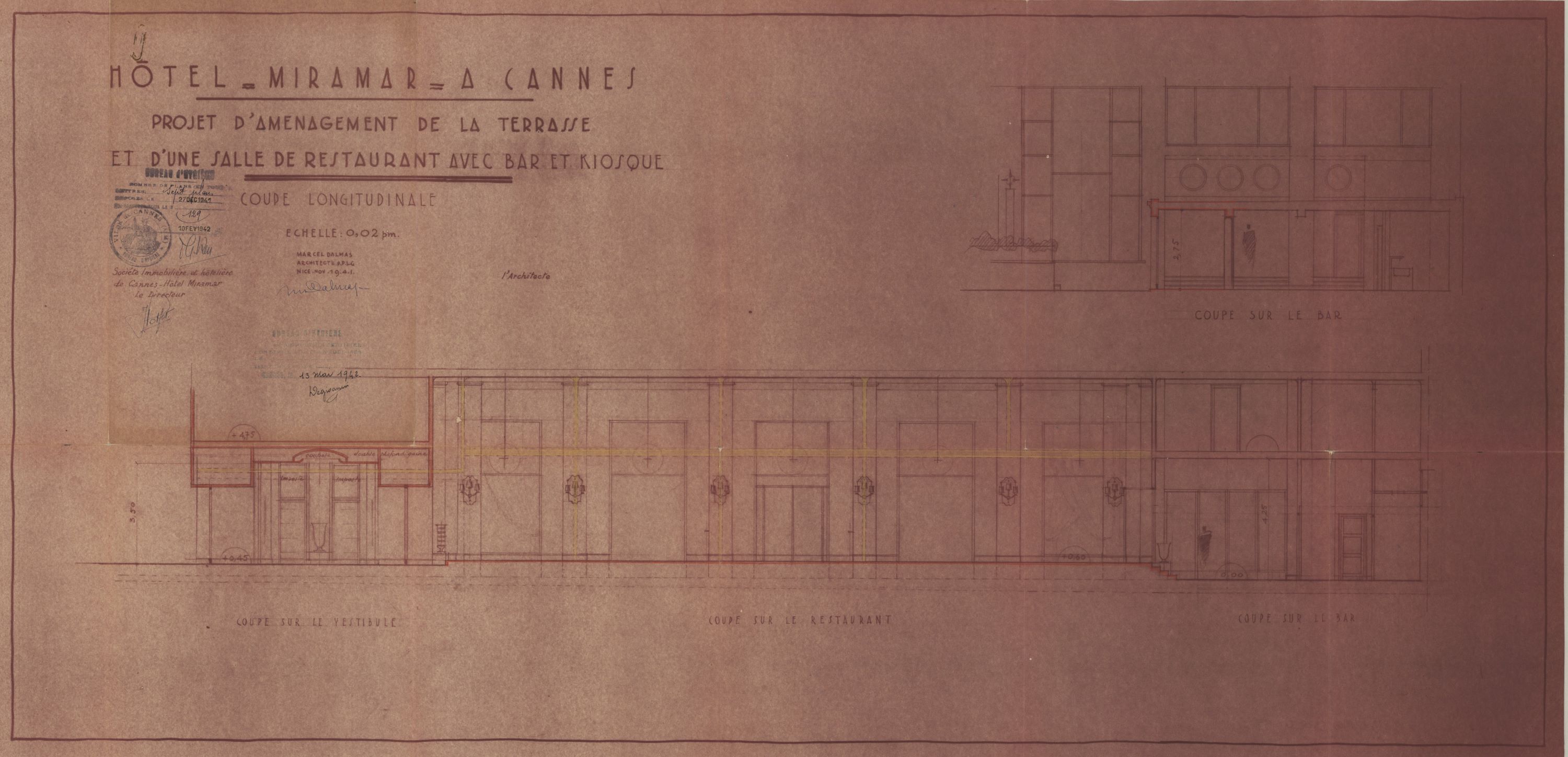 Hôtel Miramar à Cannes. Projet d'aménagement de la terrasse et d'une salle de restaurant avec bar et kiosque. Coupe longitudinale, 1941.