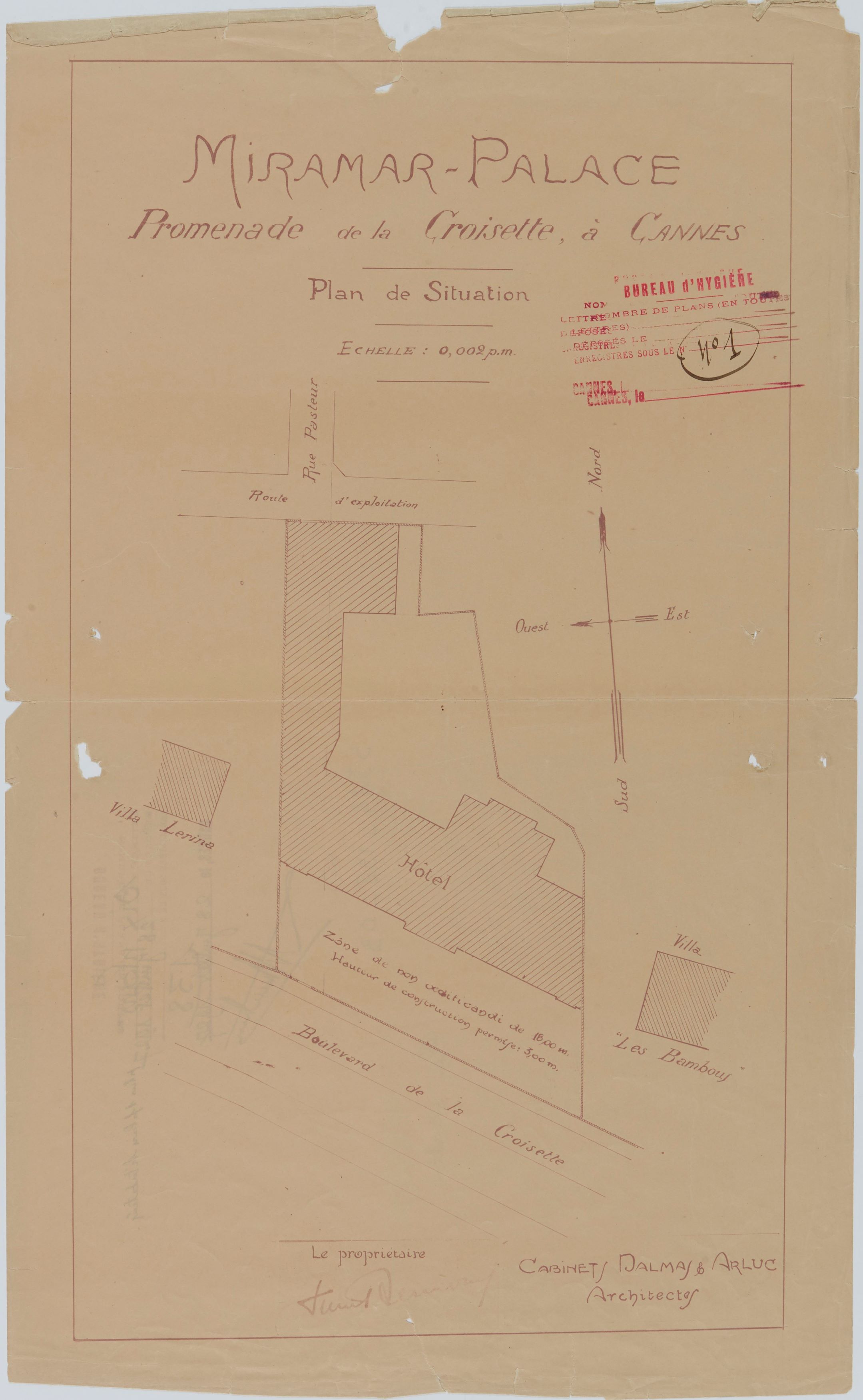 Miramar-Palace. Promenade de la Croisette à Cannes. Plan de situation, 1927.