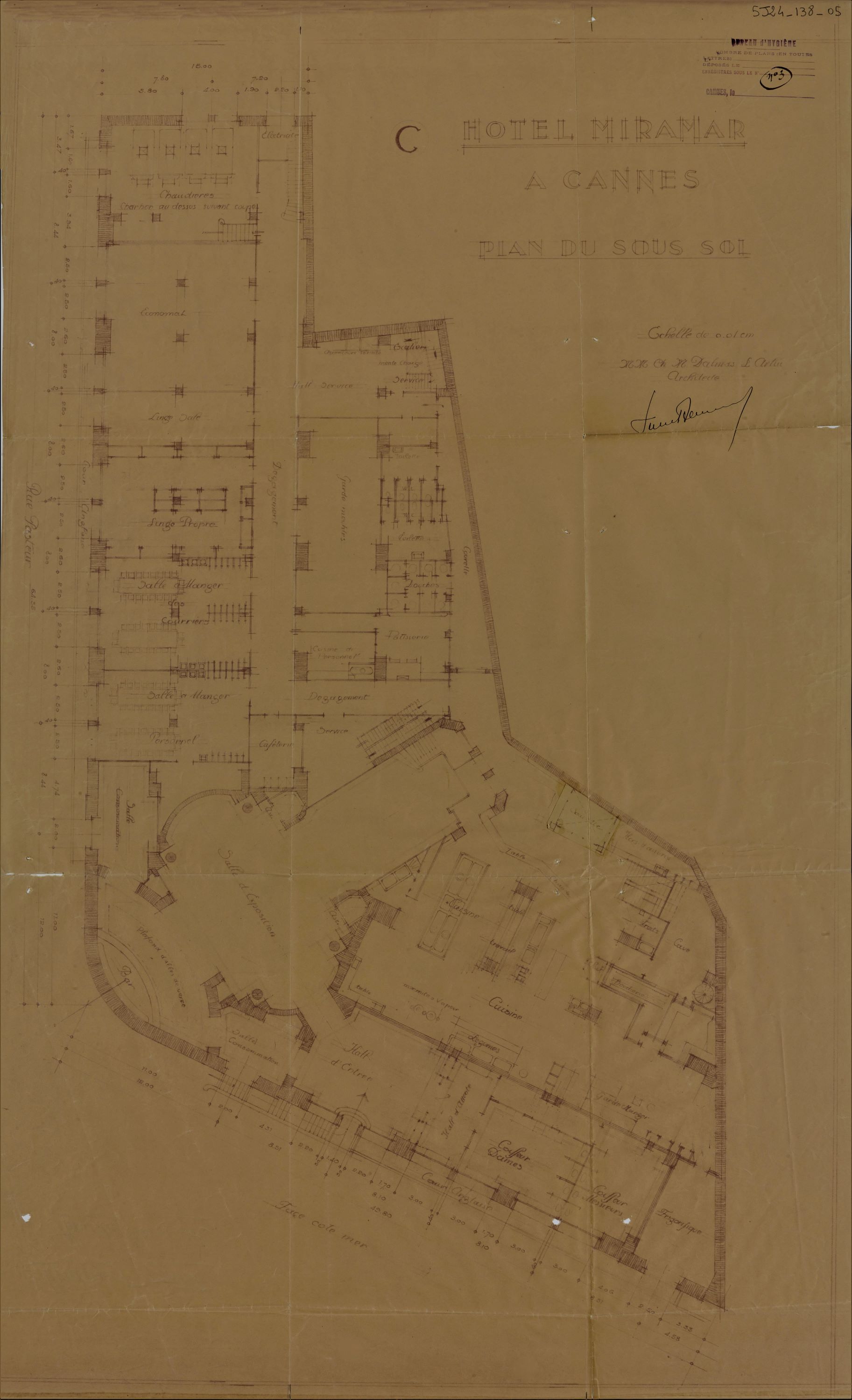 Hôtel Miramar à Cannes. Plan du sous-sol, 1927.