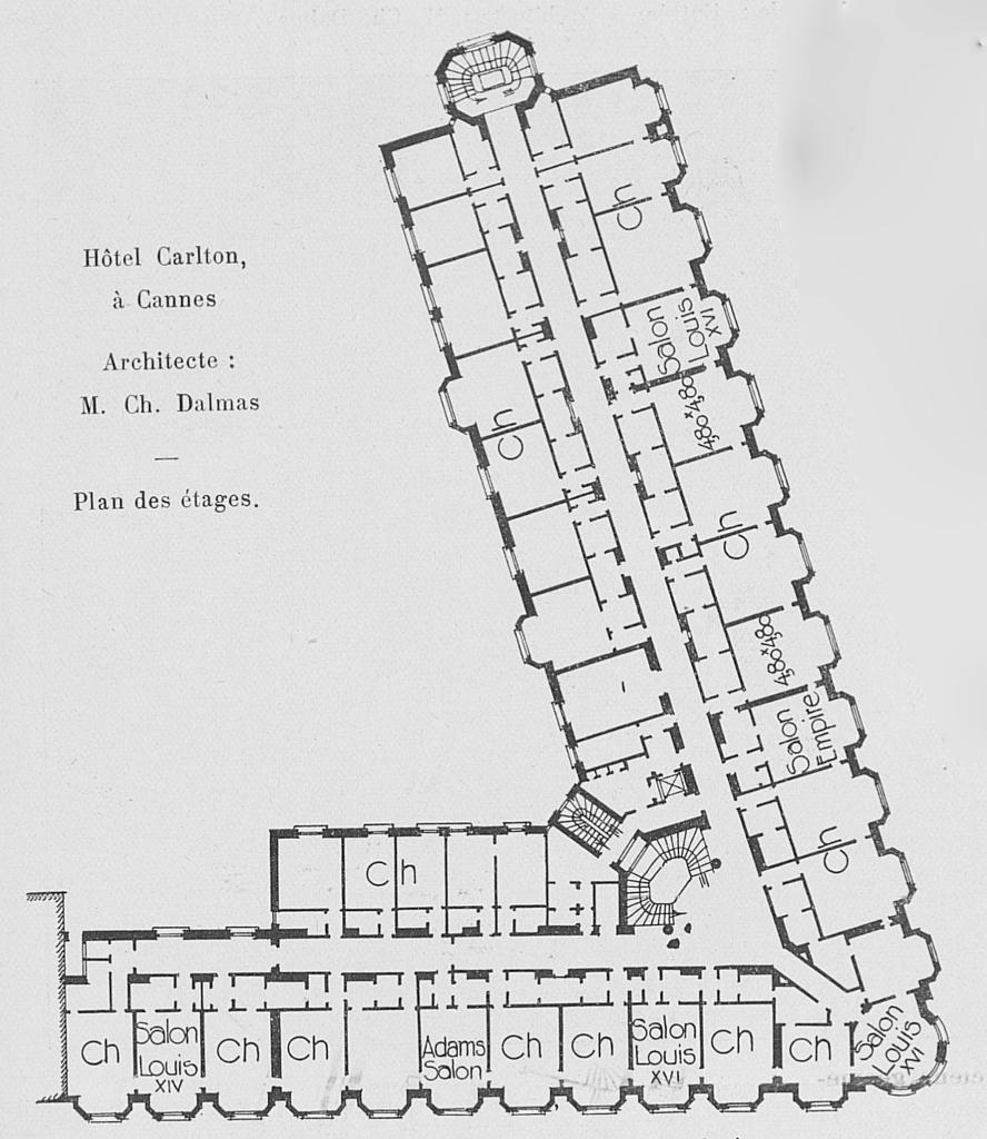 Hôtel Carlton, à Cannes. Architecte : M. Ch. Dalmas. Plan des étages, 1912.