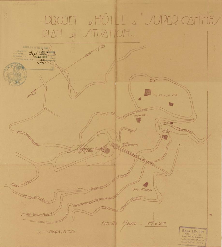 Projet d'hôtel à Super-Cannes. Plan de situation, [1939].