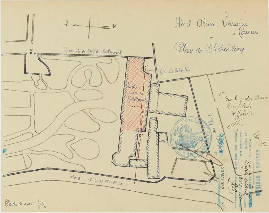 Hôtel Alsace-Lorraine à Cannes. Plan de situation. [Plan masse de l'édifice et du jardin avec signalement de la partie à transformer en appartements.], 1937.