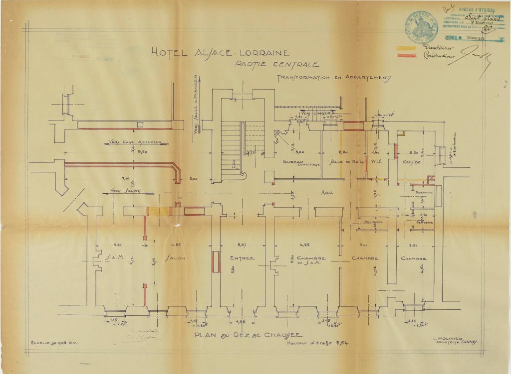 Hôtel Alsace-Lorraine. Partie centrale. Transformation en appartements. Plan du rez-de-chaussée, 1937. Il s'agit du corps central de la partie ouest.