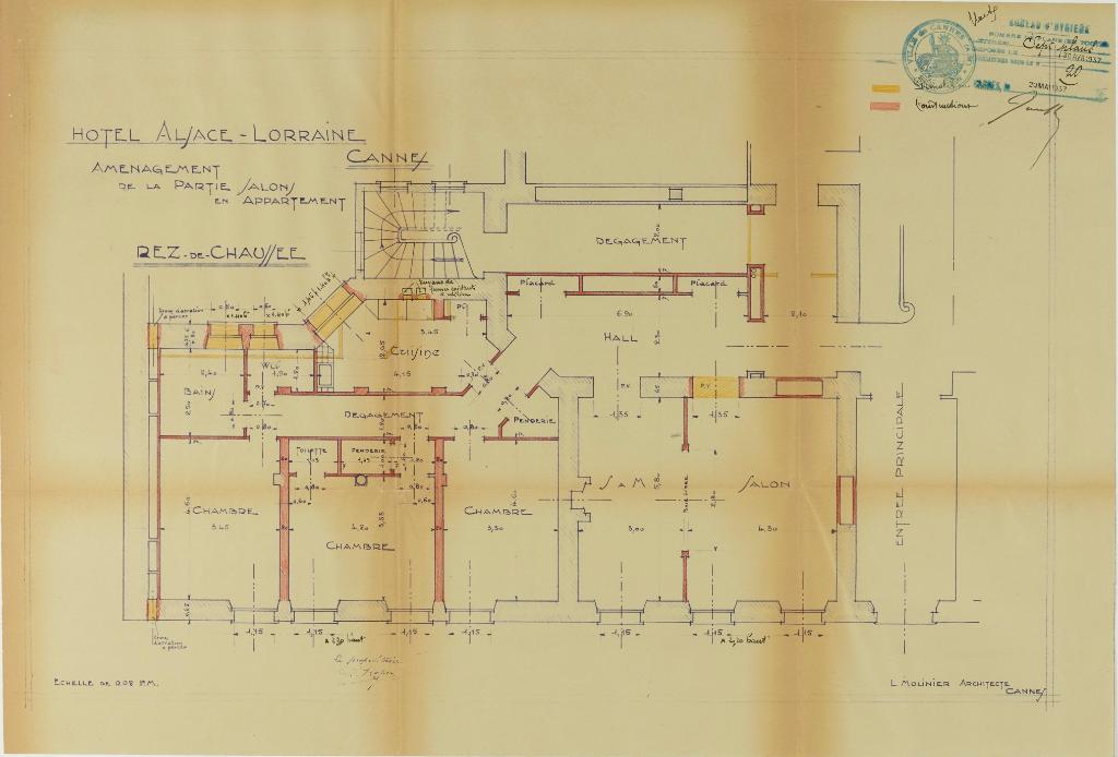 Hôtel Alsace-Lorraine. Aménagement de la partie salon en appartements. Rez-de-chaussée, 1937. Il s'agit de l'aile gauche de la partie ouest.