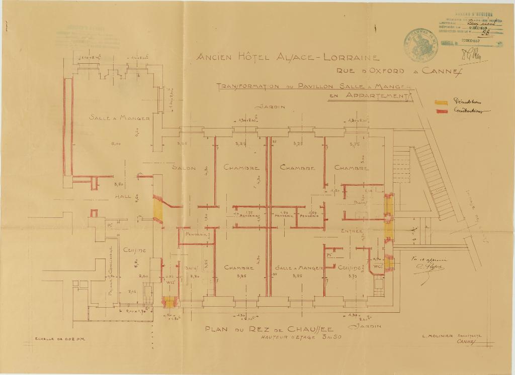 Ancien Hôtel Alsace-Lorraine. Rue d'Oxford à Cannes. Transformation du pavillon salle à manger en appartements. Plan du rez-de-chaussée, 1937. Il s'agit du corps de bâtiment perpendiculaire au nord du corps central.