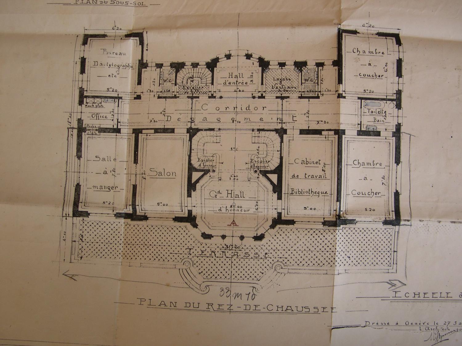 Plan du rez-de-chaussée. [Premier projet pour la villa de la Croix des Gardes à Cannes.], 27 janvier 1918.