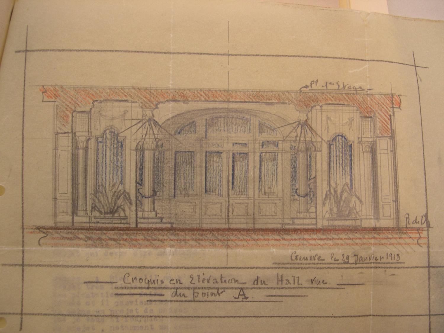 Croquis en élévation du hall. Vue du point A. [Premier projet pour la villa de la Croix des Gardes à Cannes.], 29 janvier 1918.