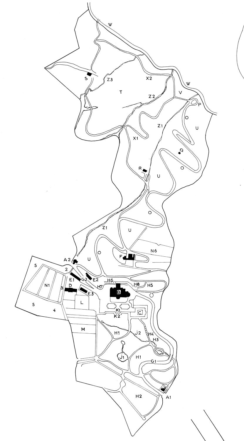 Schéma général du parc et du jardin, restitution de l'état en 1900.