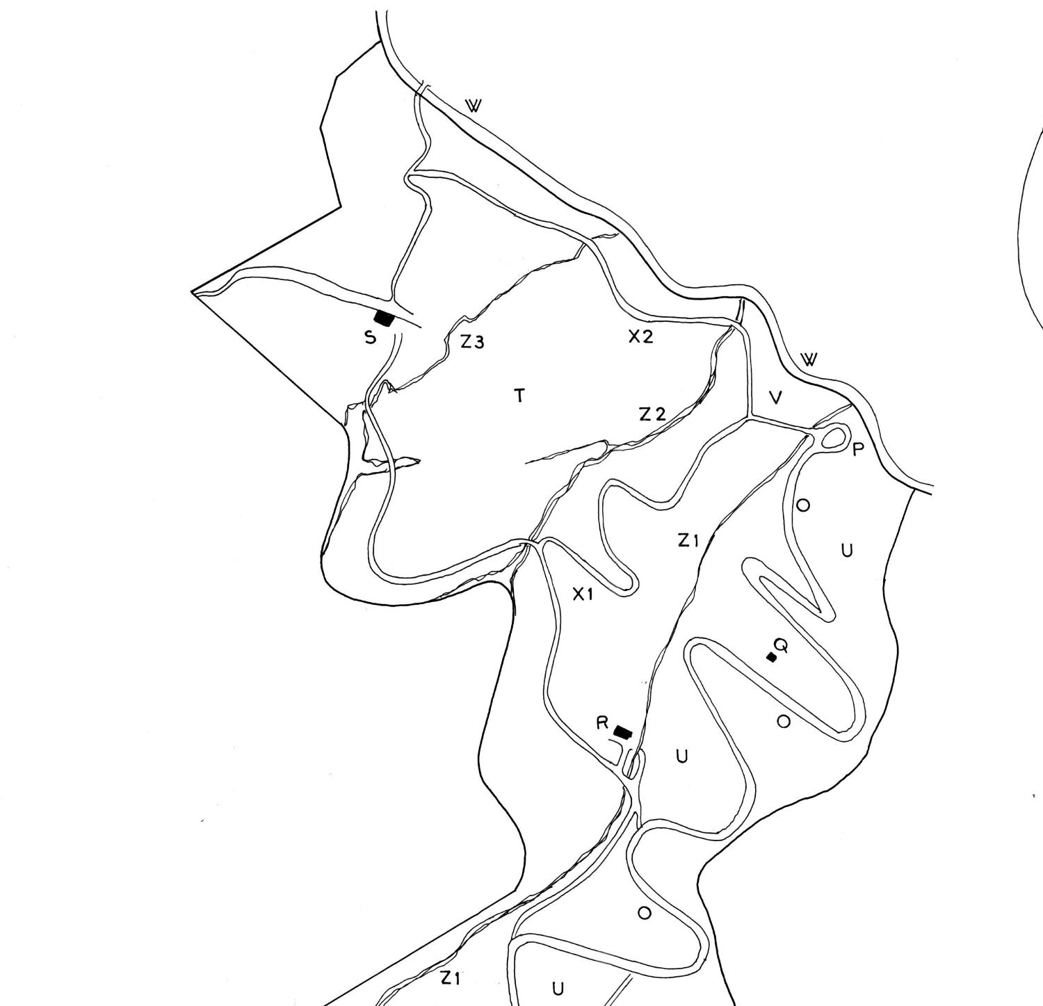 Plan schématique du parc, état en 1900. O : avenue carrossable ; P : rond-point belvédère ; Q : ancien cabanon ; R : ancienne ferme ; S : nouveau chalet ; T :  bois de pins et de chênes ; U : vallonnements artificiels engazonnés ; V : réservoir ; X : chemins périphériques ; W : canal de la Siagne ; Z : ravins.