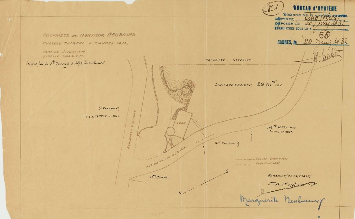 Propriété de Monsieur Neubauer. Château Thorenc à Cannes (A.-M.). Plan de situation [de la nouvelle porterie du parc], 1932.