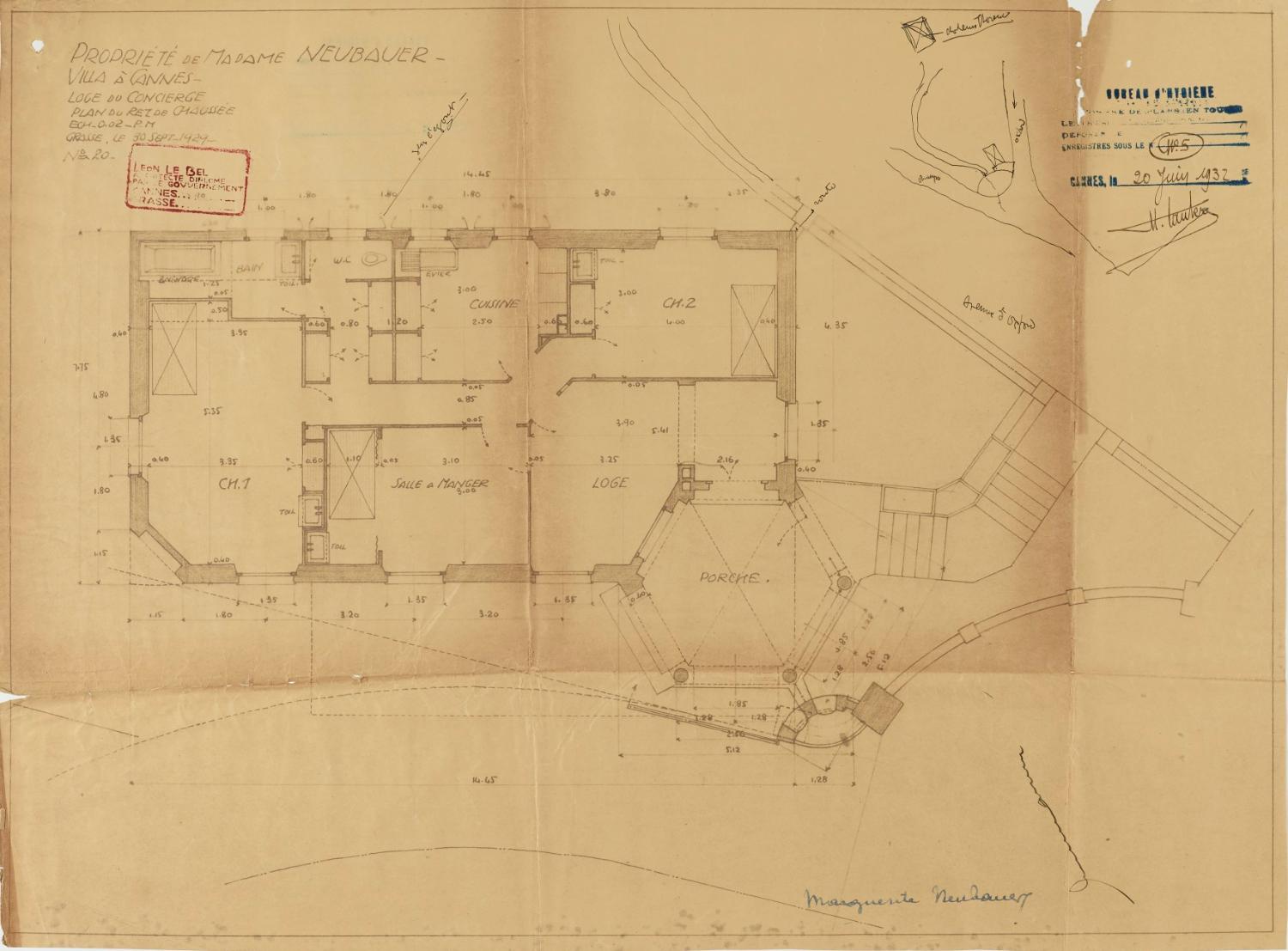 Propriété de Madame Neubauer. Villa à Cannes. [château Thorenc]. Loge du concierge. Plan du rez-de-chaussée, 1929.