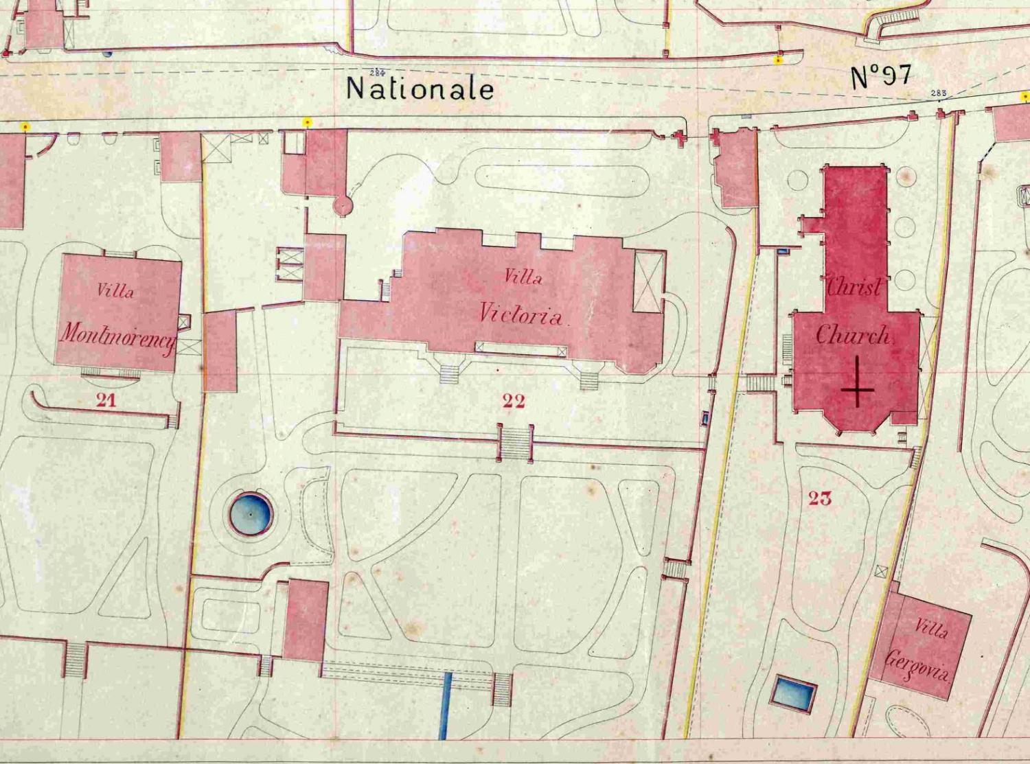 Ville de Cannes. Plan général régulateur. Section B et F. Quartiers du Riou, la Ferrage, Saint-Antoine, Le Suquet et le Château. Feuille n° 98, 1884. Détail : la villa Victoria, son jardin et Christ Church.