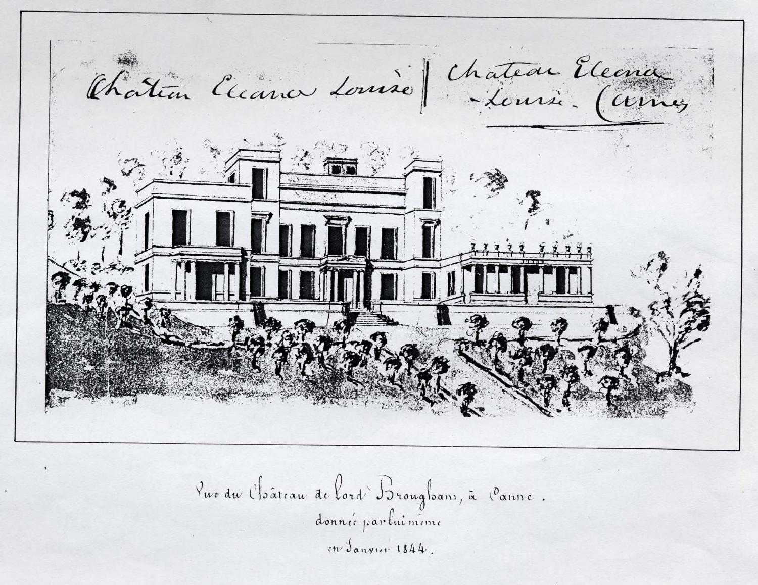 Château Eleonor-Louise. Vue du château de lord Brougham à Cannes donné par lui-même en janvier 1844, 1844.
